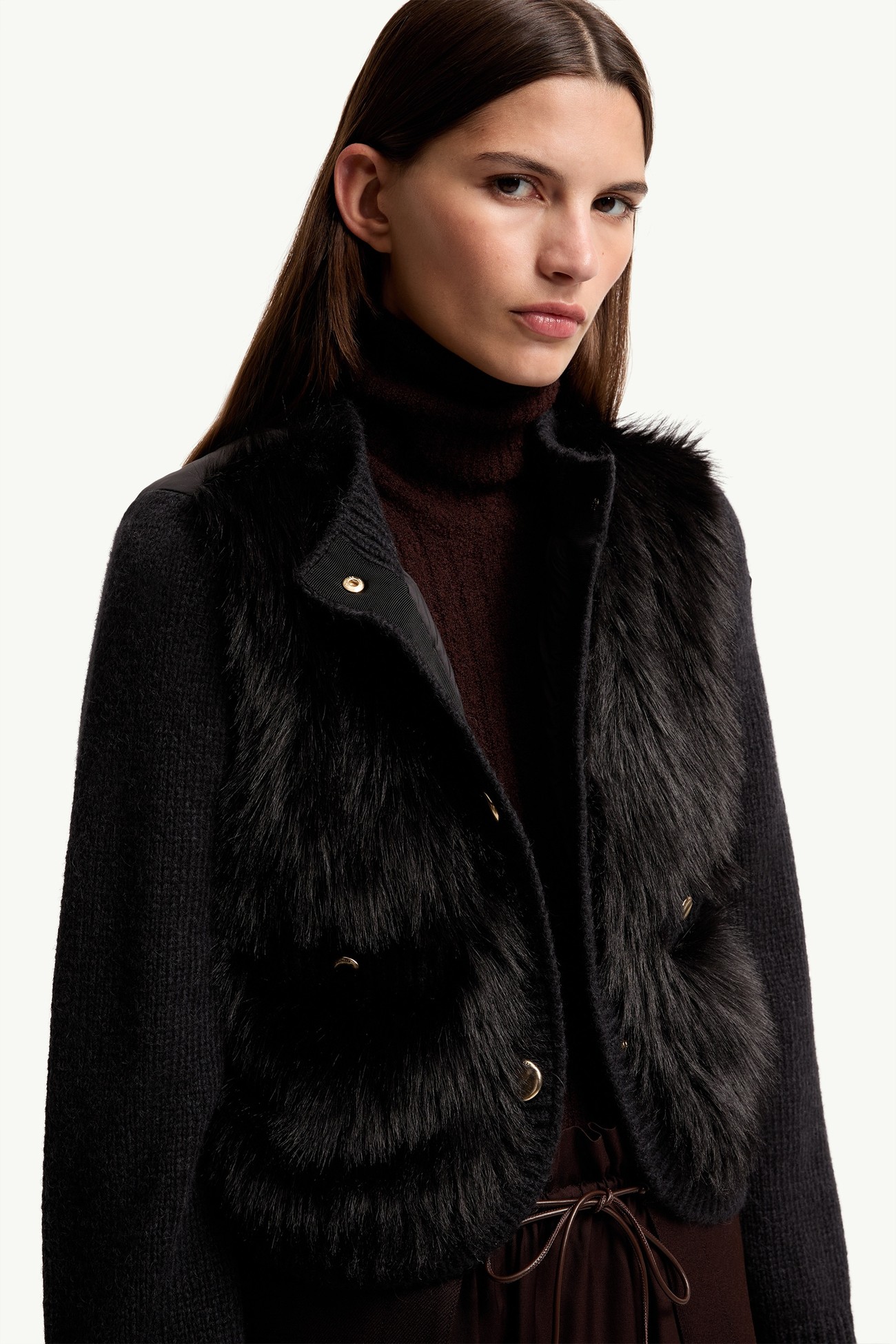 羊駝毛羊毛混紡夾層開襟毛衣 女士 黑色 Moncler 5