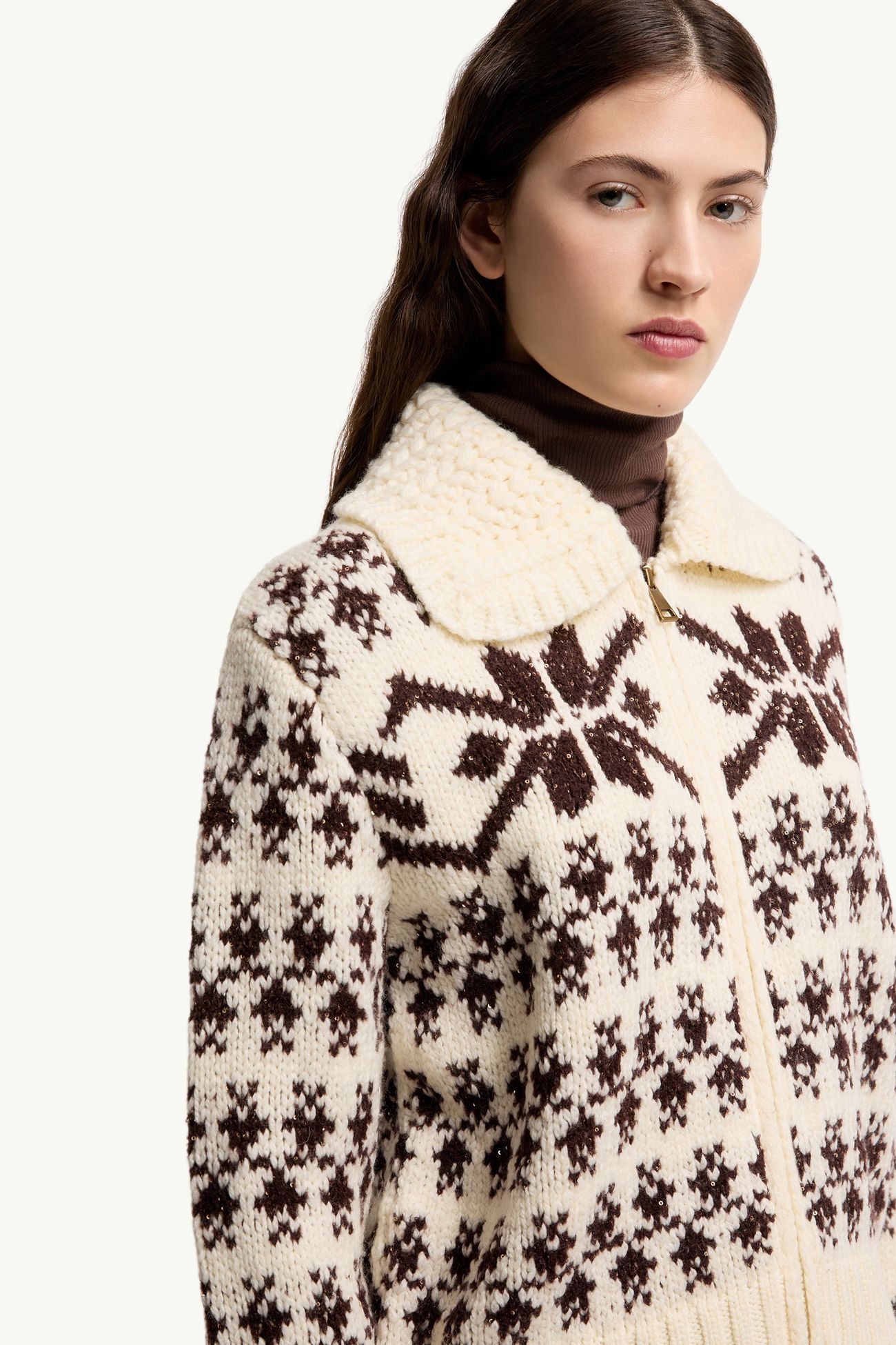 Jacquard Sequin Zip-Up Cardigan Women White Ivory Moncler 5