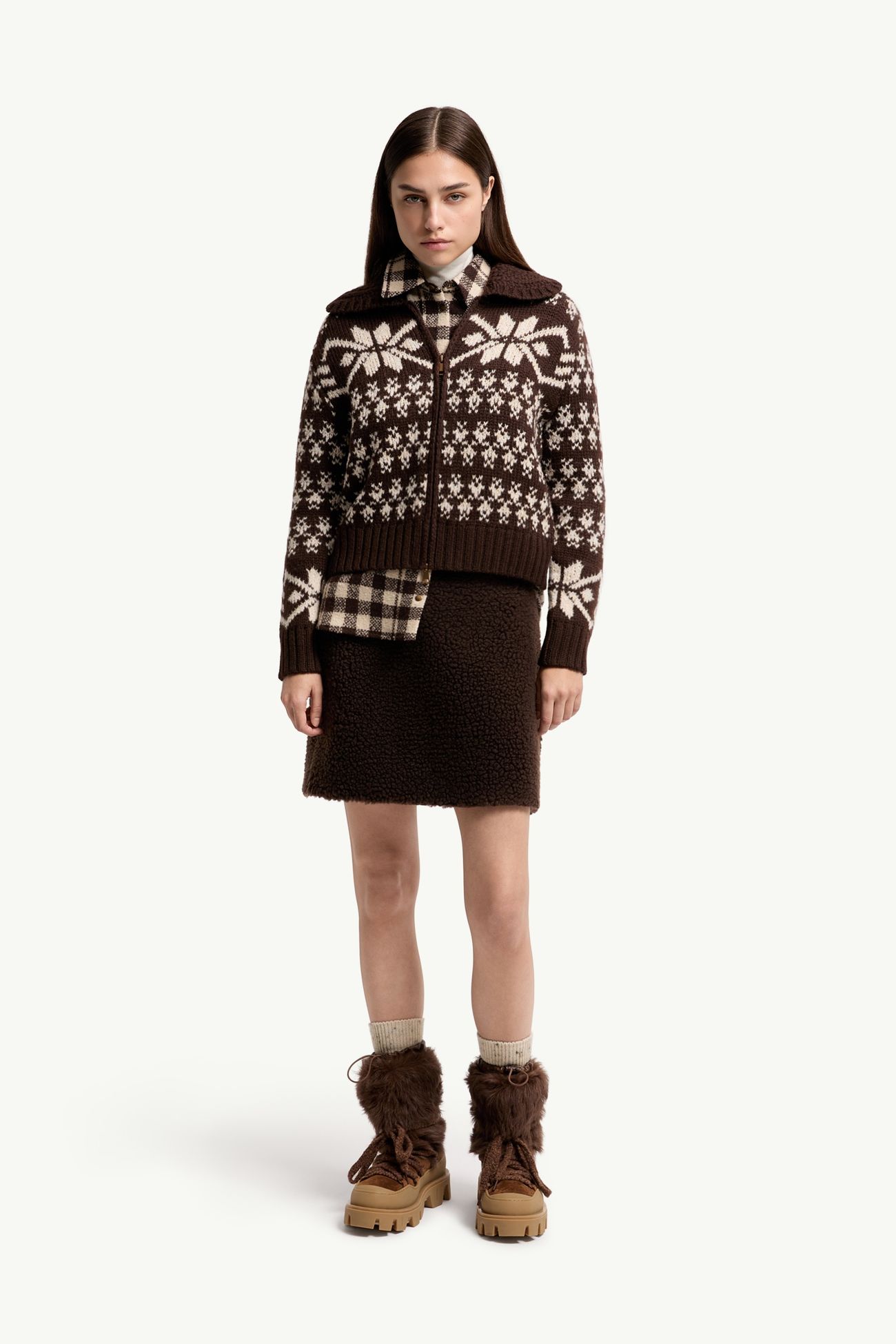 Jacquard Sequin Zip-Up Cardigan Women Brown Moncler 0