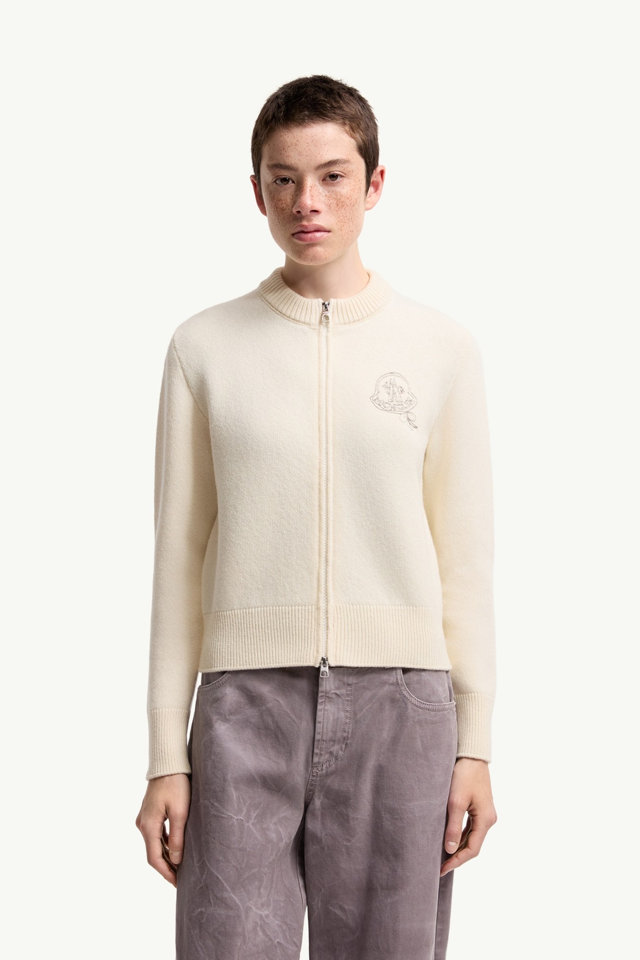 Cardigan zippé en laine et cachemire mélangés Femmes Blanc Moncler 3