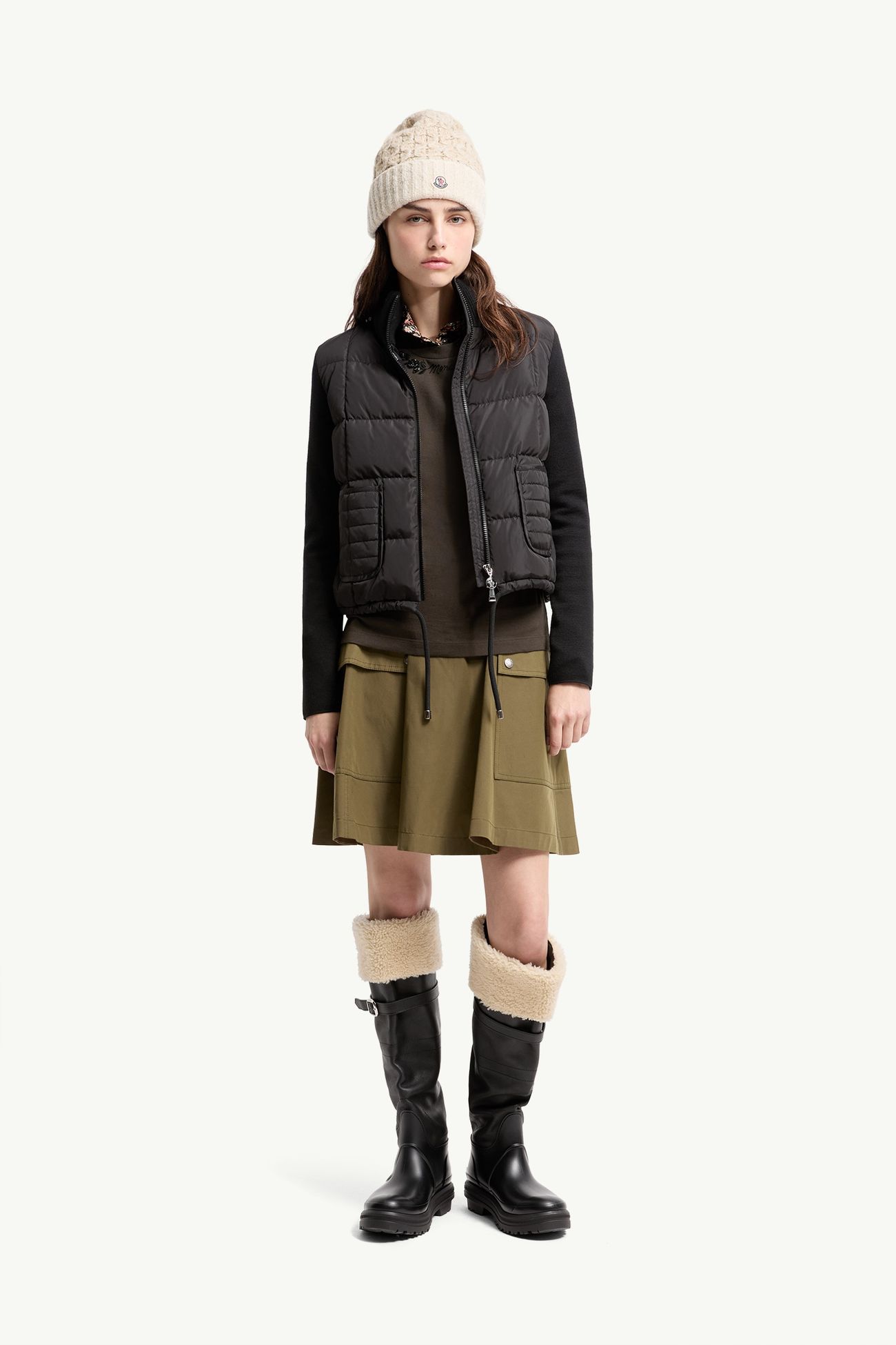 Gefütterte Woll-Strickjacke mit Reißverschluss und Steppung Damen Schwarz Moncler 0