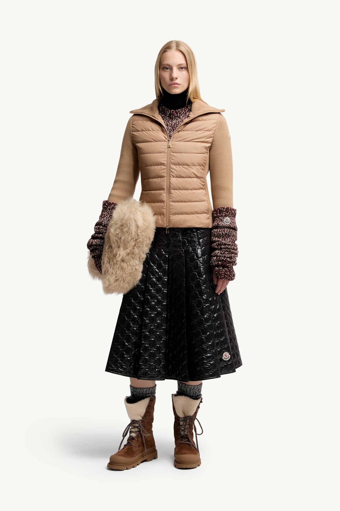 Wattierte Strickjacke aus Wolle mit Reißverschluss Damen Beige Moncler 0