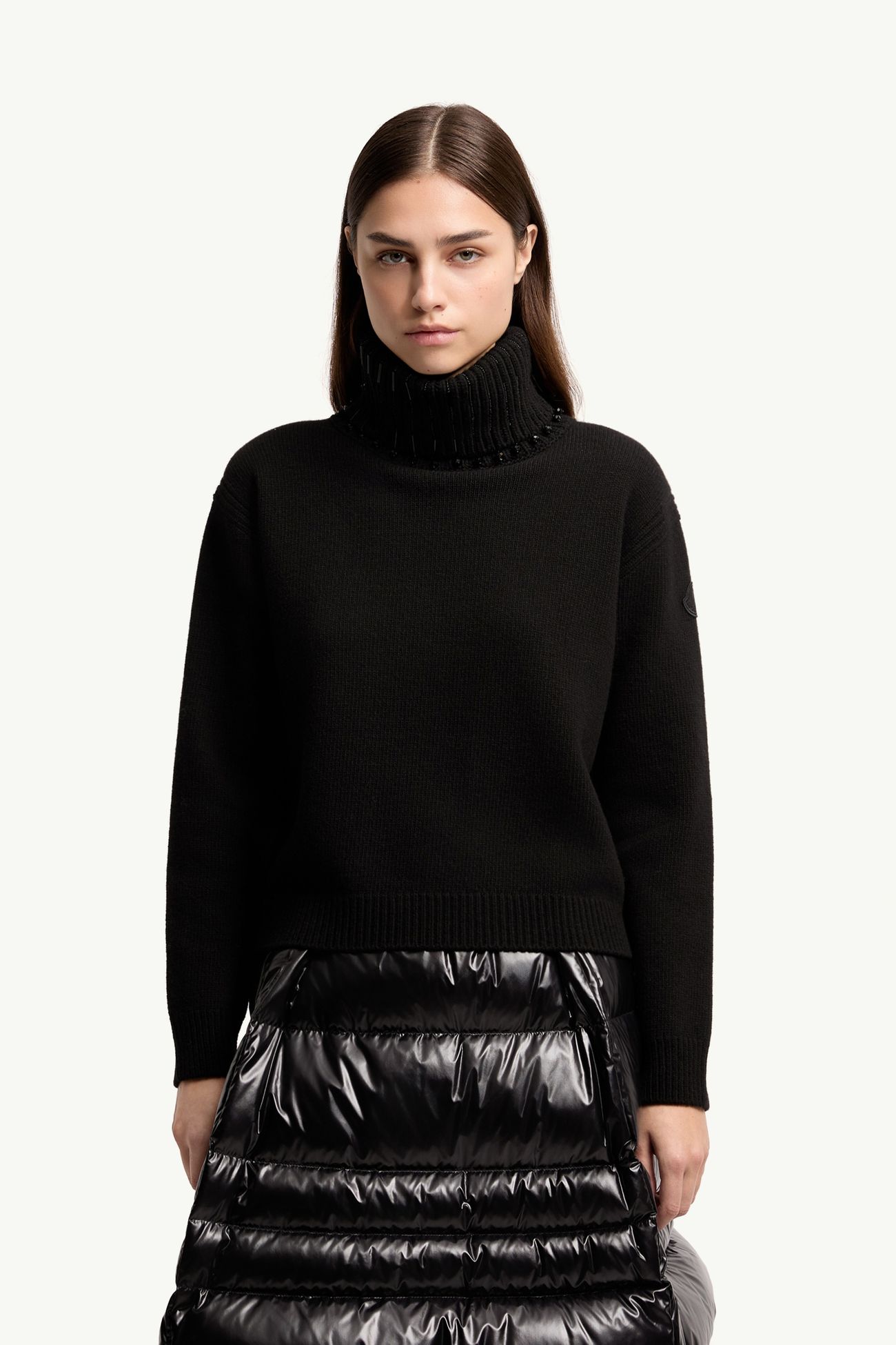 Crystal Embroidered Cashmere & Wool Blend Turtleneck Sweater Women Black Moncler 3