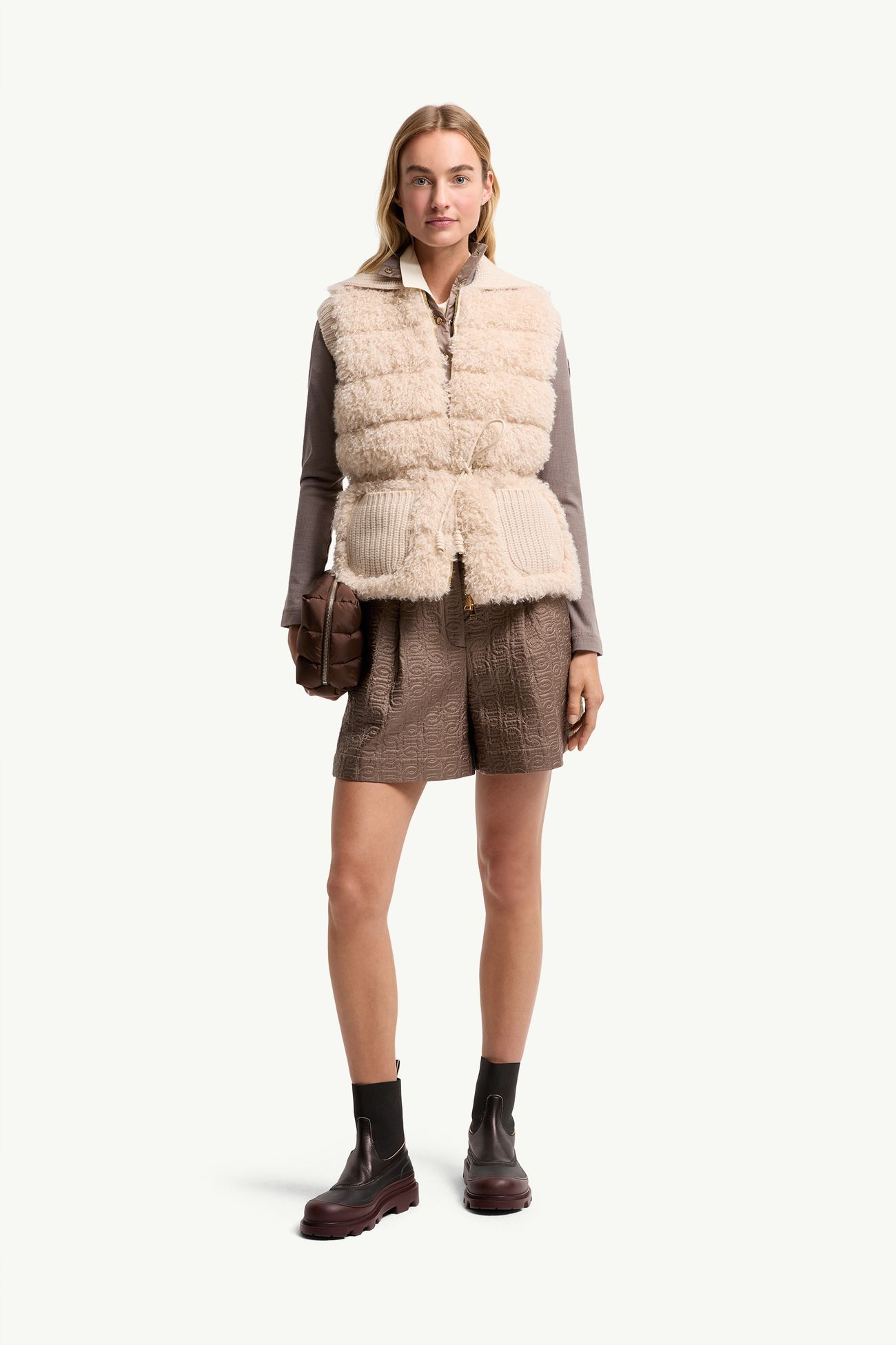 Gilet imbottito in misto lana e cashmere Donna Beige Chiaro Moncler 0