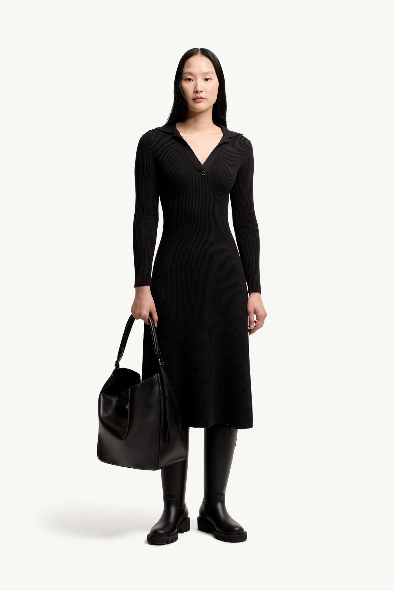 Wool Blend Knee-Length Polo Dress Women Black Moncler 0