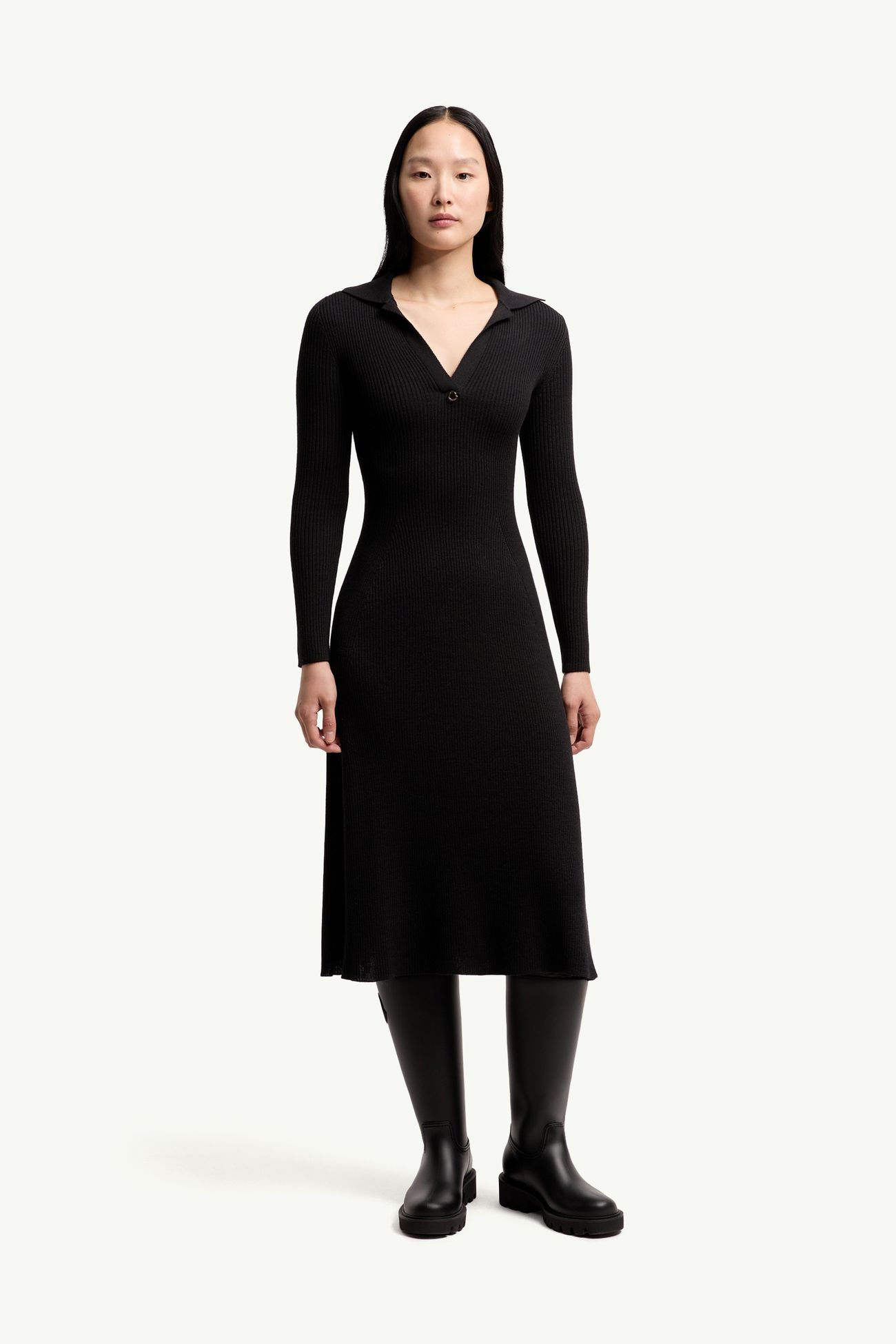 女士羊毛混纺及膝Polo领连衣裙 女士 黑色 Moncler 3