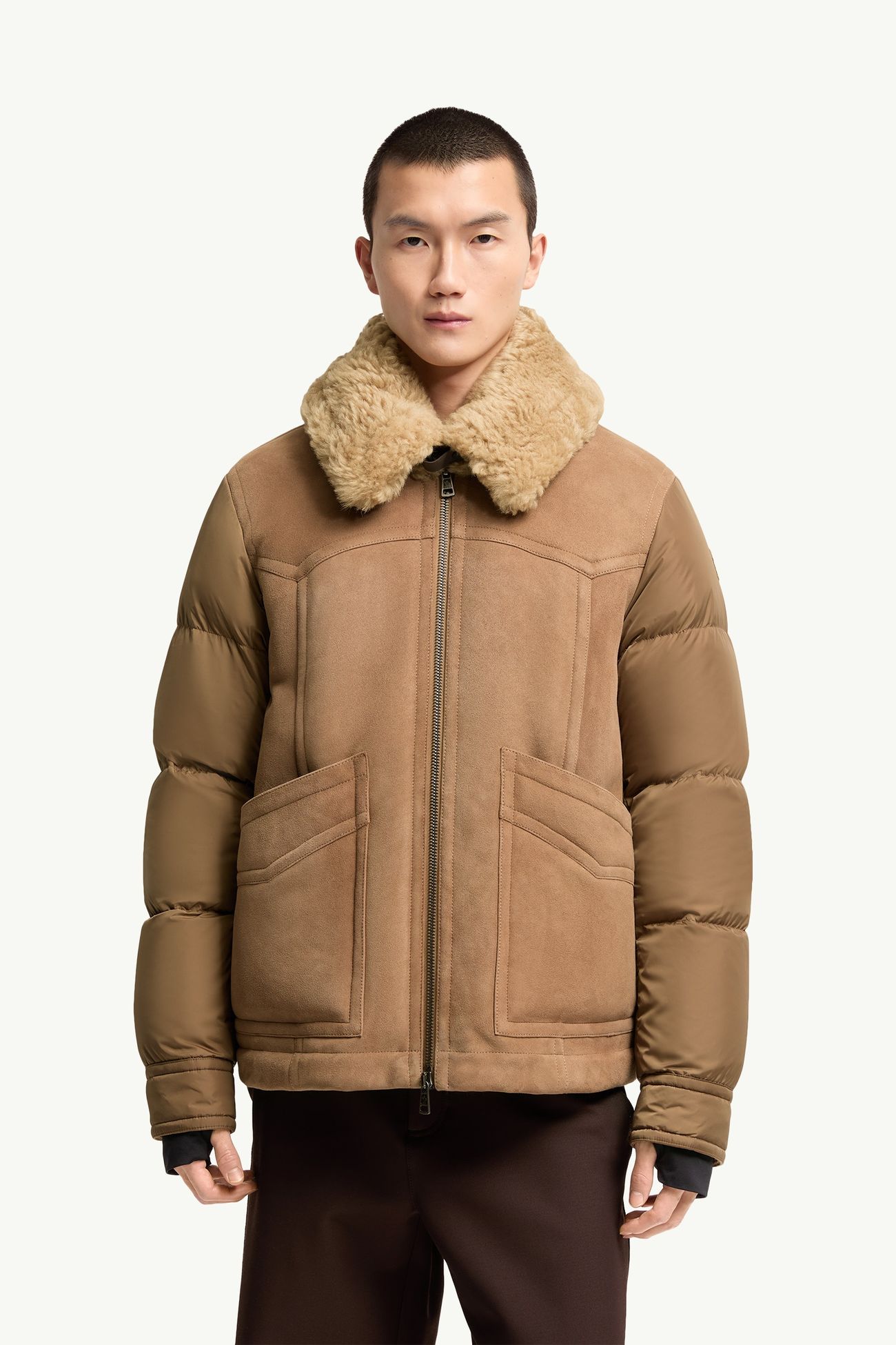 男士羊毛皮饰边短款羽绒夹克外套 男士 驼米色 Moncler 3