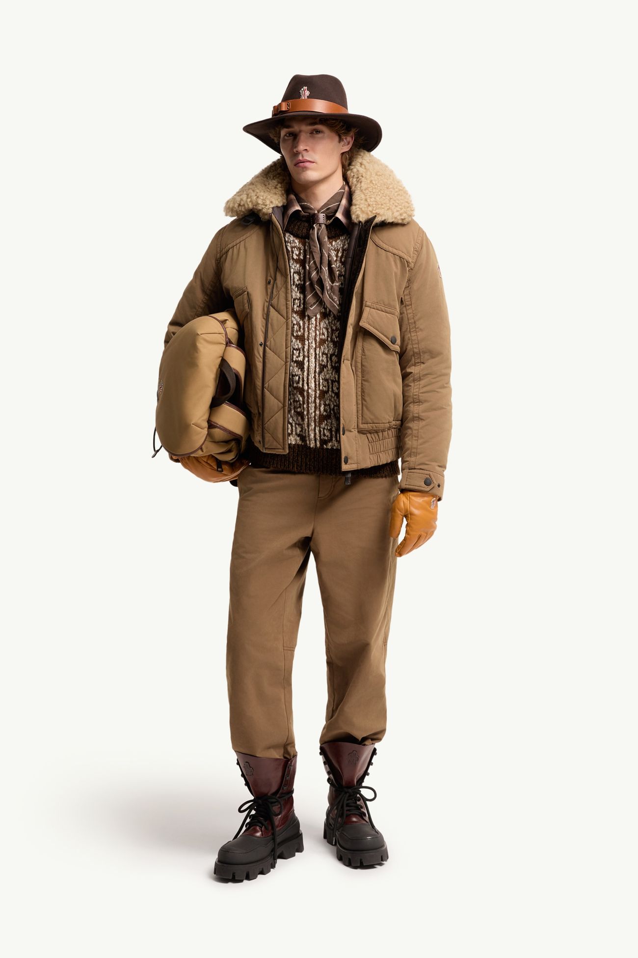 Giacca Bomber Imbottita in Tela con Bordo in Shearling Alpental Uomo Beige Cammello Moncler 0