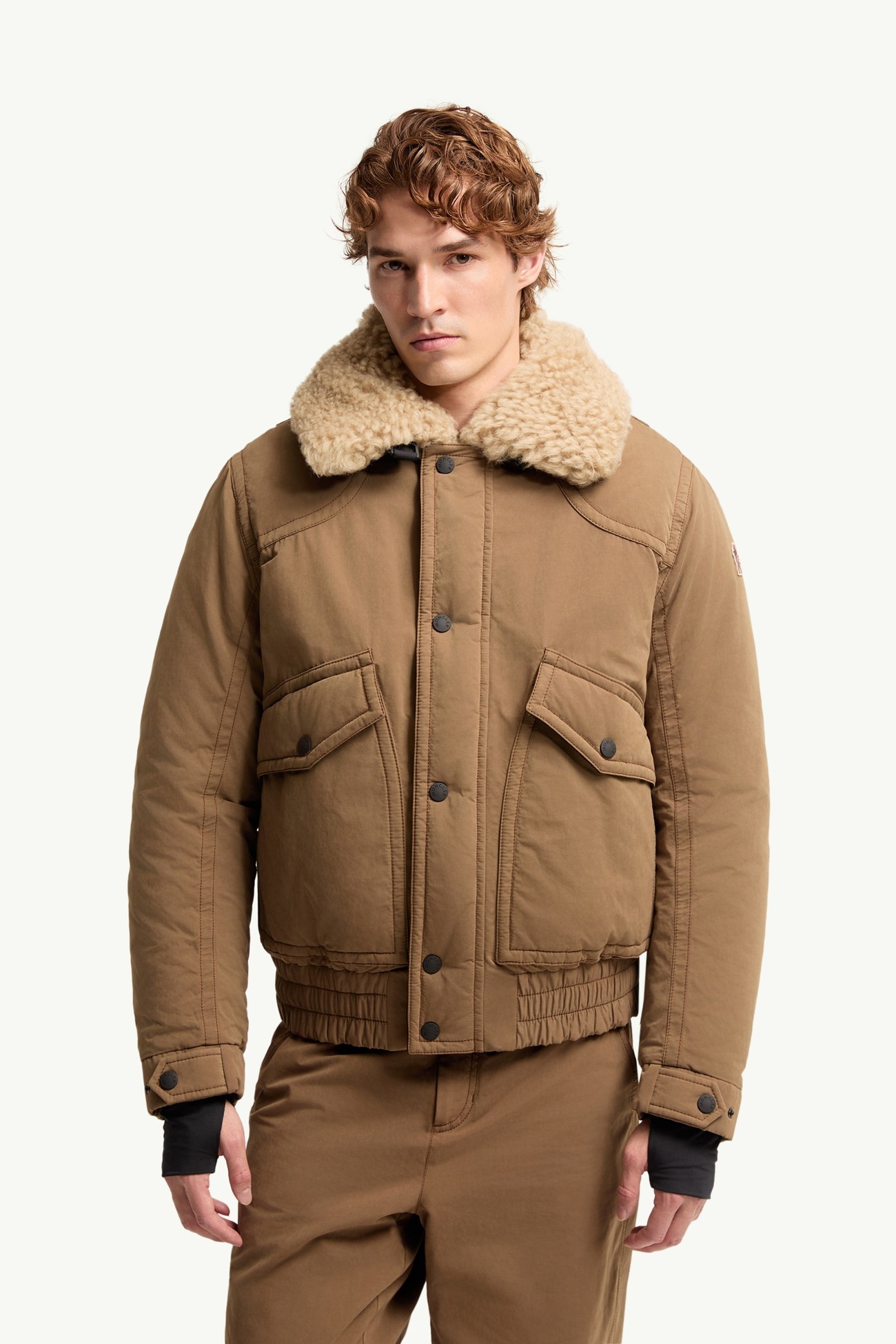 Alpental Shearling-Trimmed Canvas Down Bomber Jacket Men Camel Beige Moncler 3