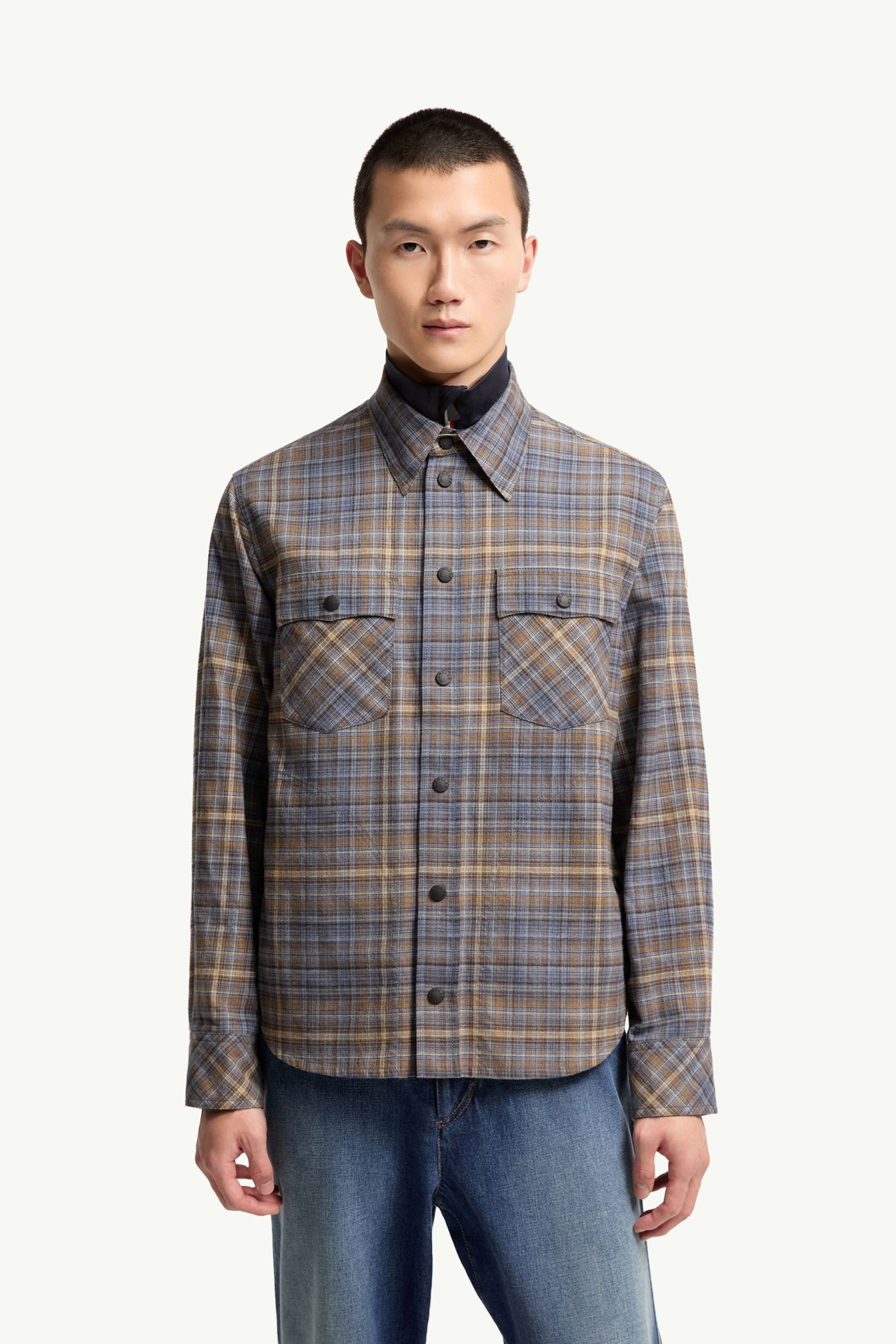 棉質格紋恤衫 男士 淺藍色和米色 Moncler 3