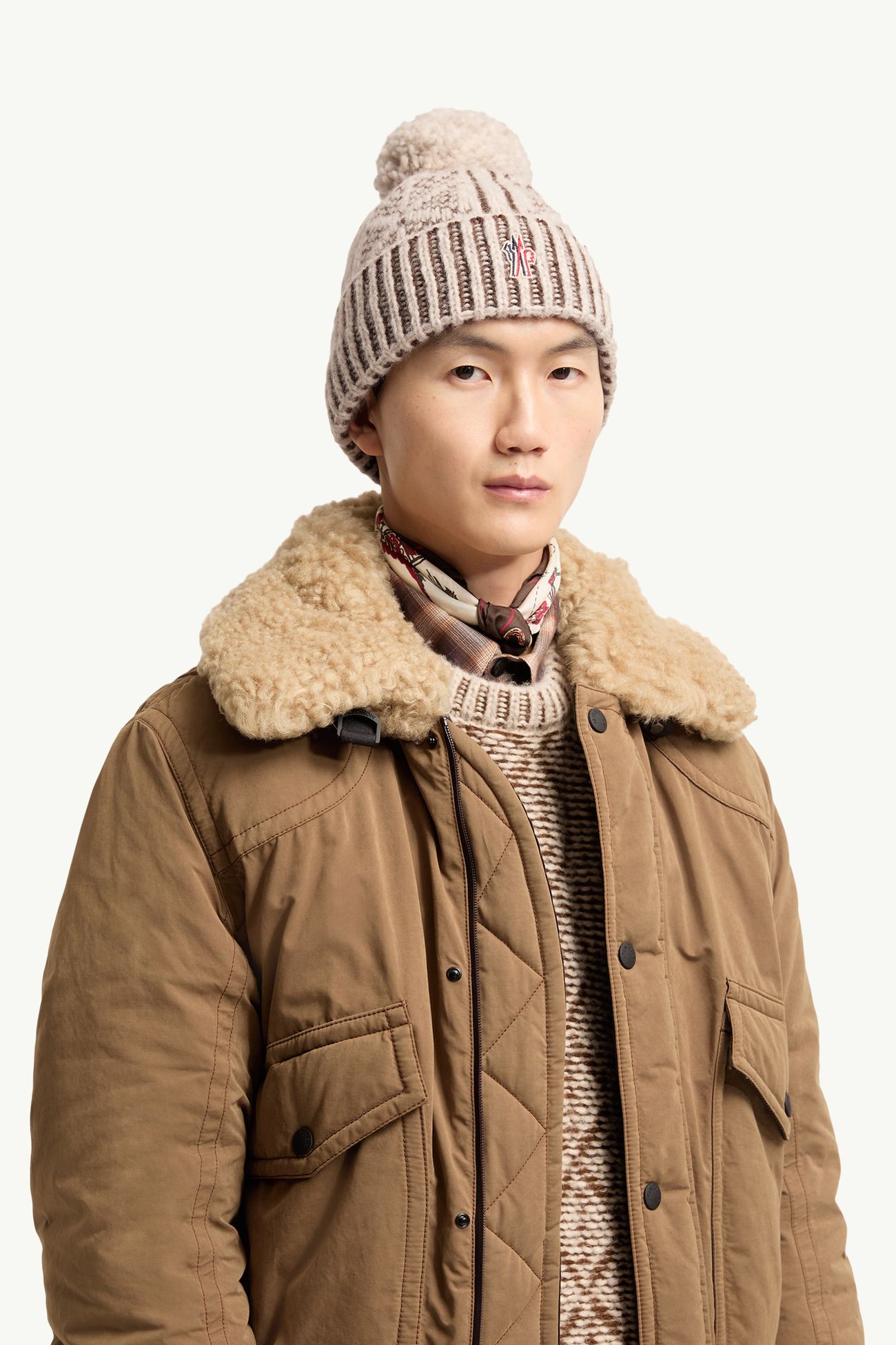 男士羊驼毛和羊毛混纺绒球便帽 男士 米色 Moncler 1