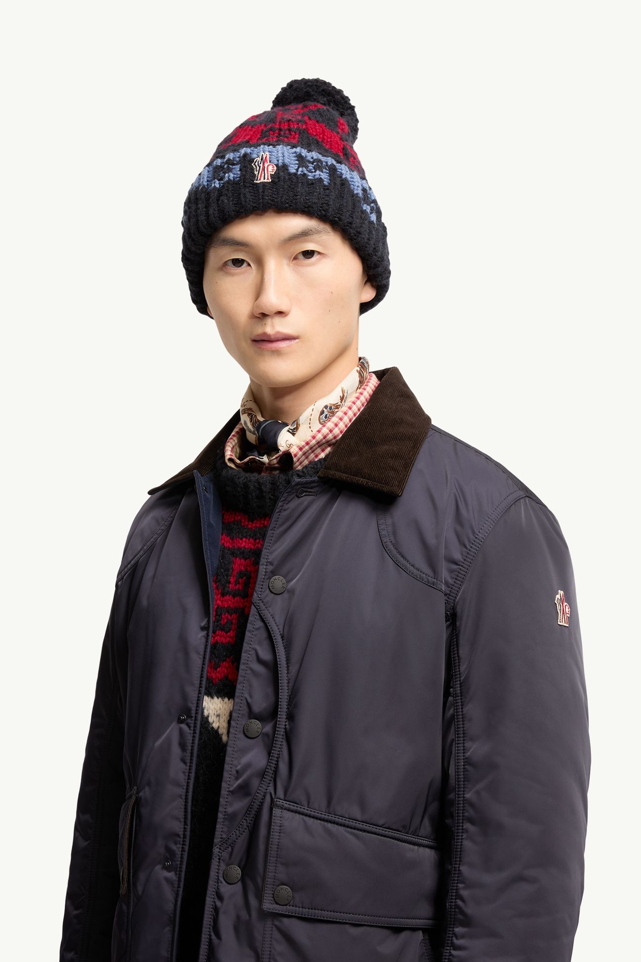 Alpaca & Wool Blend Beanie with Pom Pom Men Blue & Red Moncler 1