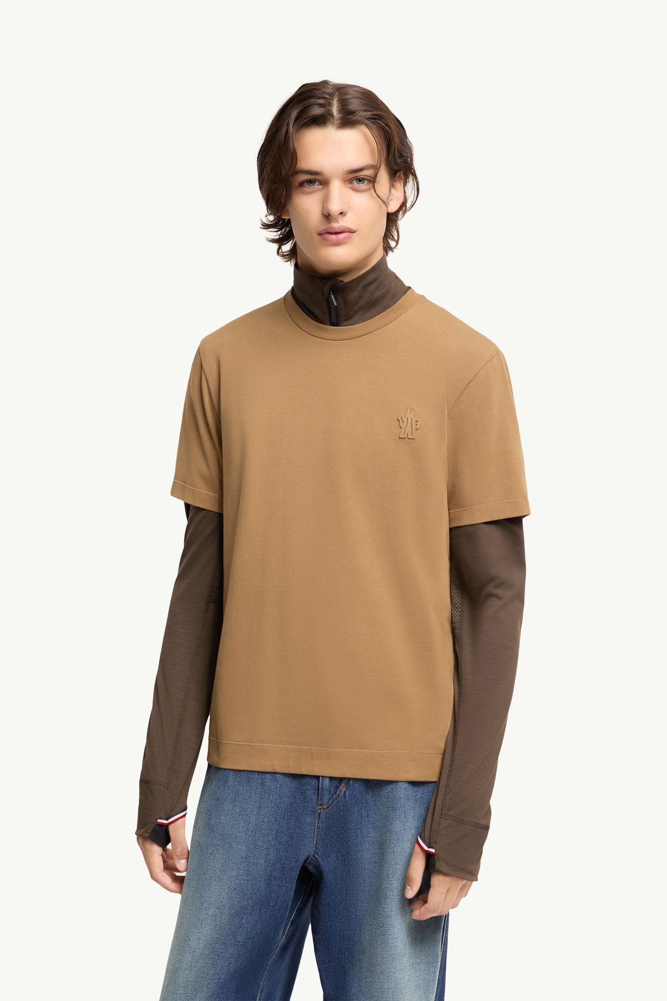 Logo Patch Cotton Blend T-Shirt (Three Pack) Men Beige & Brown & Black Moncler 3