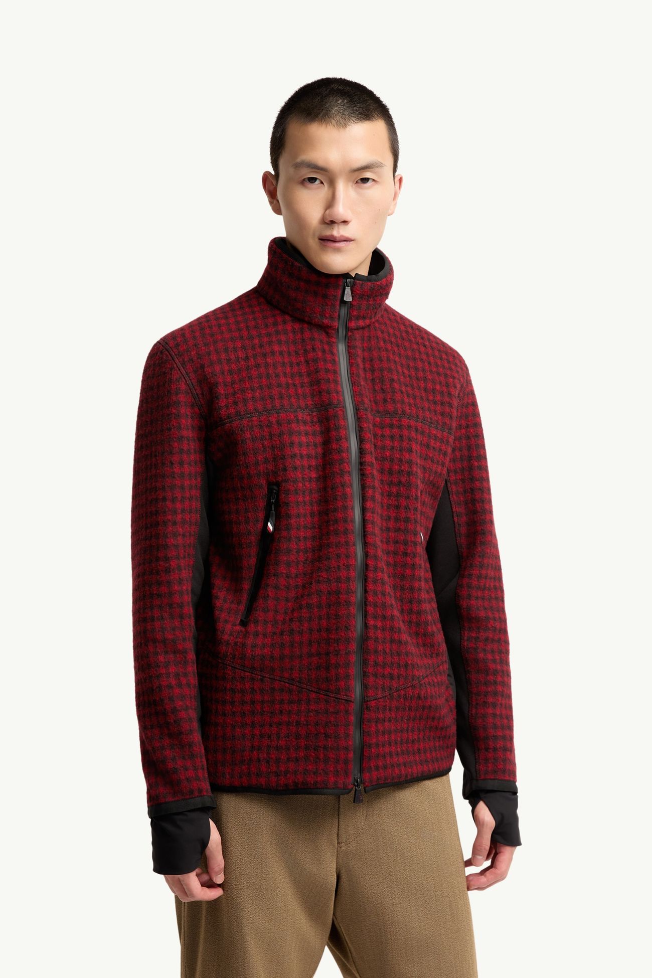 Wool Blend Vichy Zip-Up Sweatshirt Men Red & Black Moncler 3