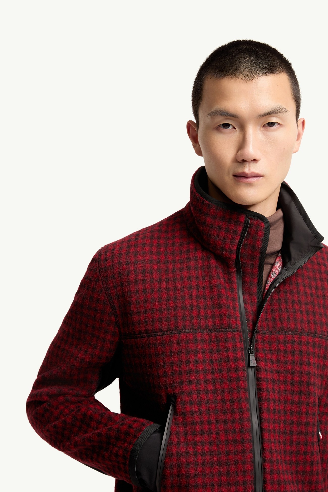 羊毛混紡Vichy拉鏈衛衣 男士 紅色和黑色 Moncler 5