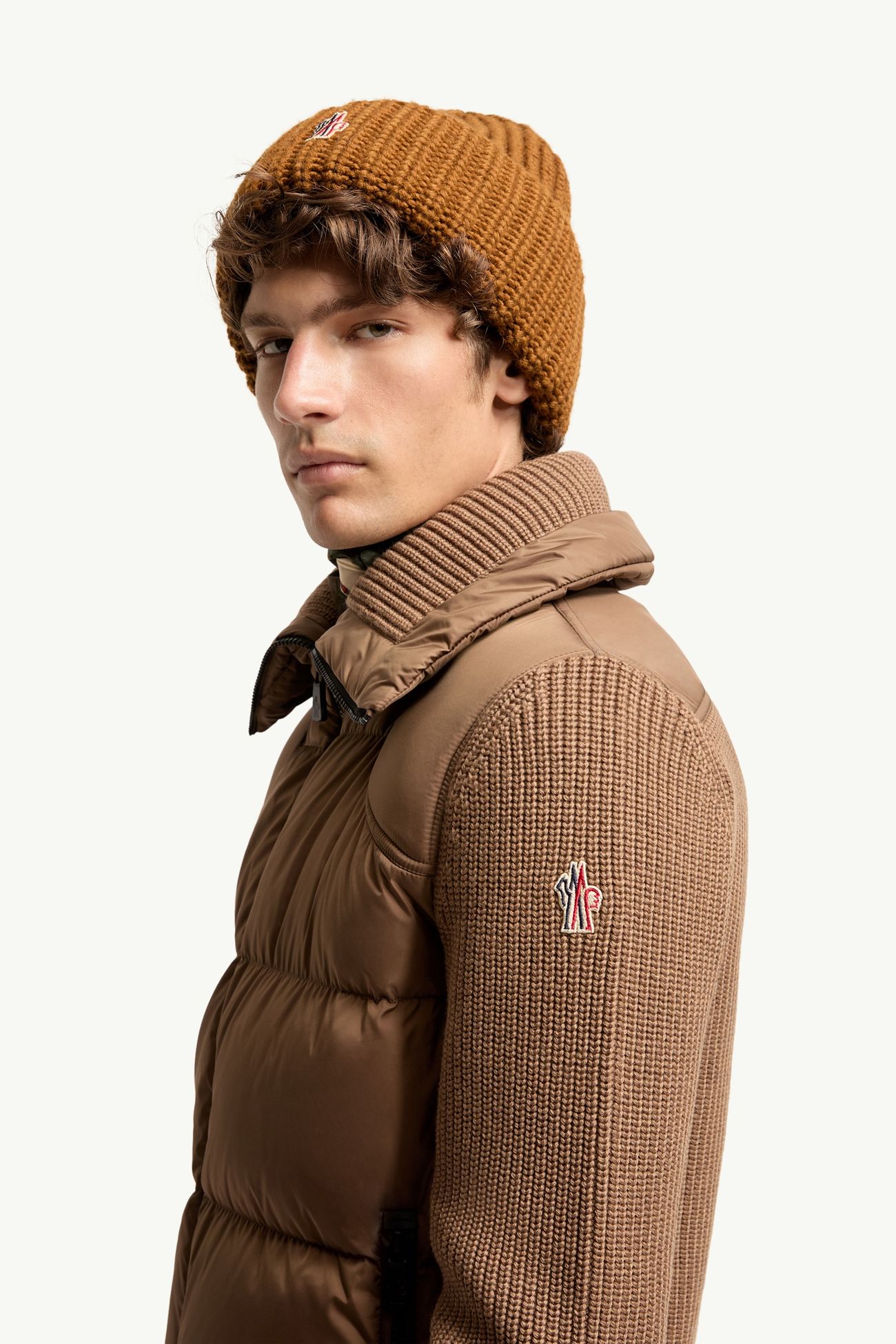 Padded Wool Zip-Up Cardigan Men Light Brown Moncler 1