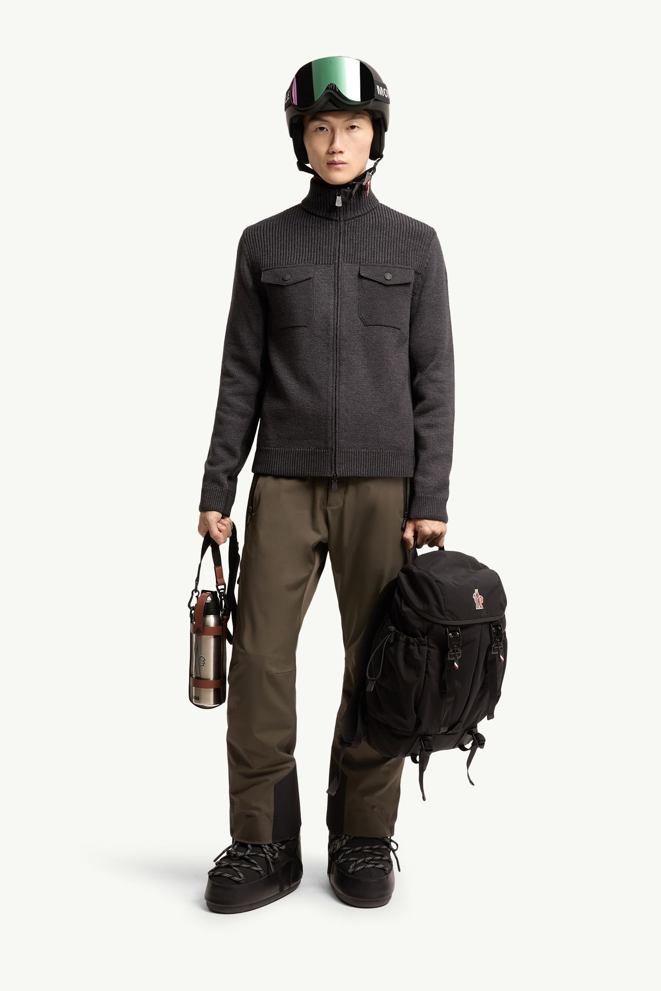 羊毛混紡樽領拉鏈開襟毛衣 男士 深灰色 Moncler 0