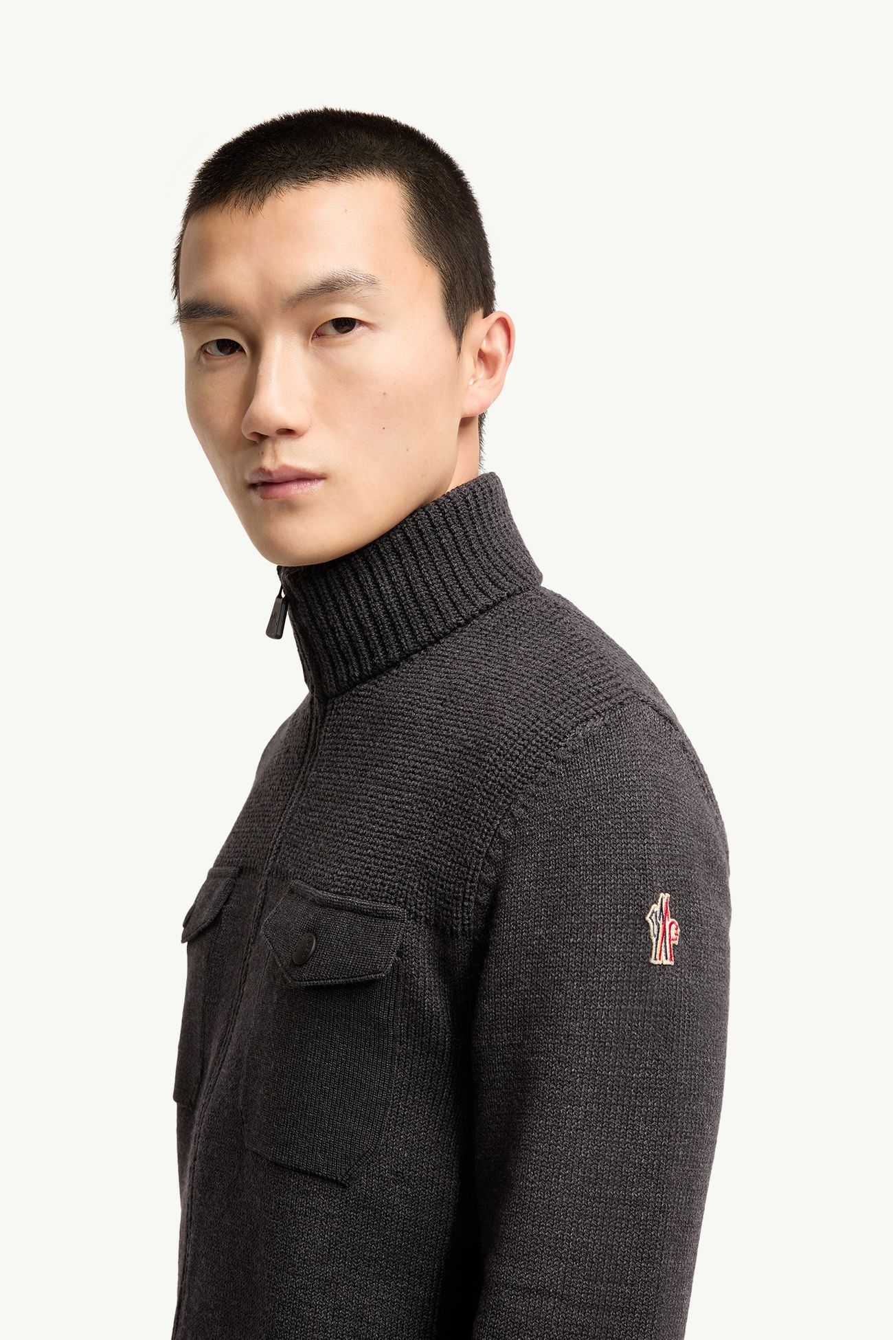 Wool Blend Polo Neck Zip-Up Cardigan Men Dark Gray Moncler 1