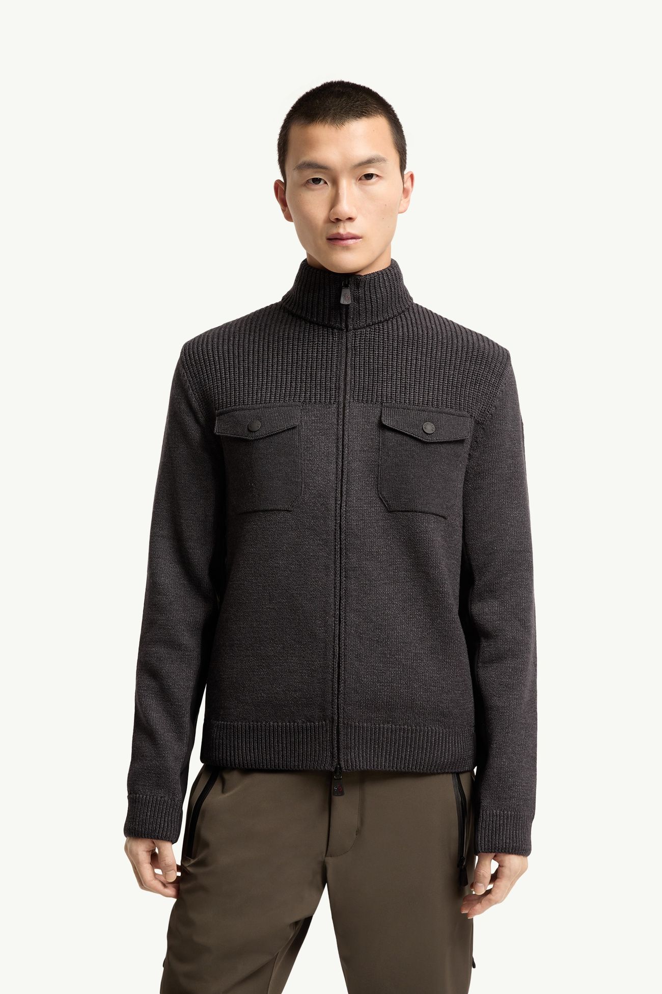 울 혼방 터틀넥 집업 카디건 남성 다크 그레이 Moncler 3
