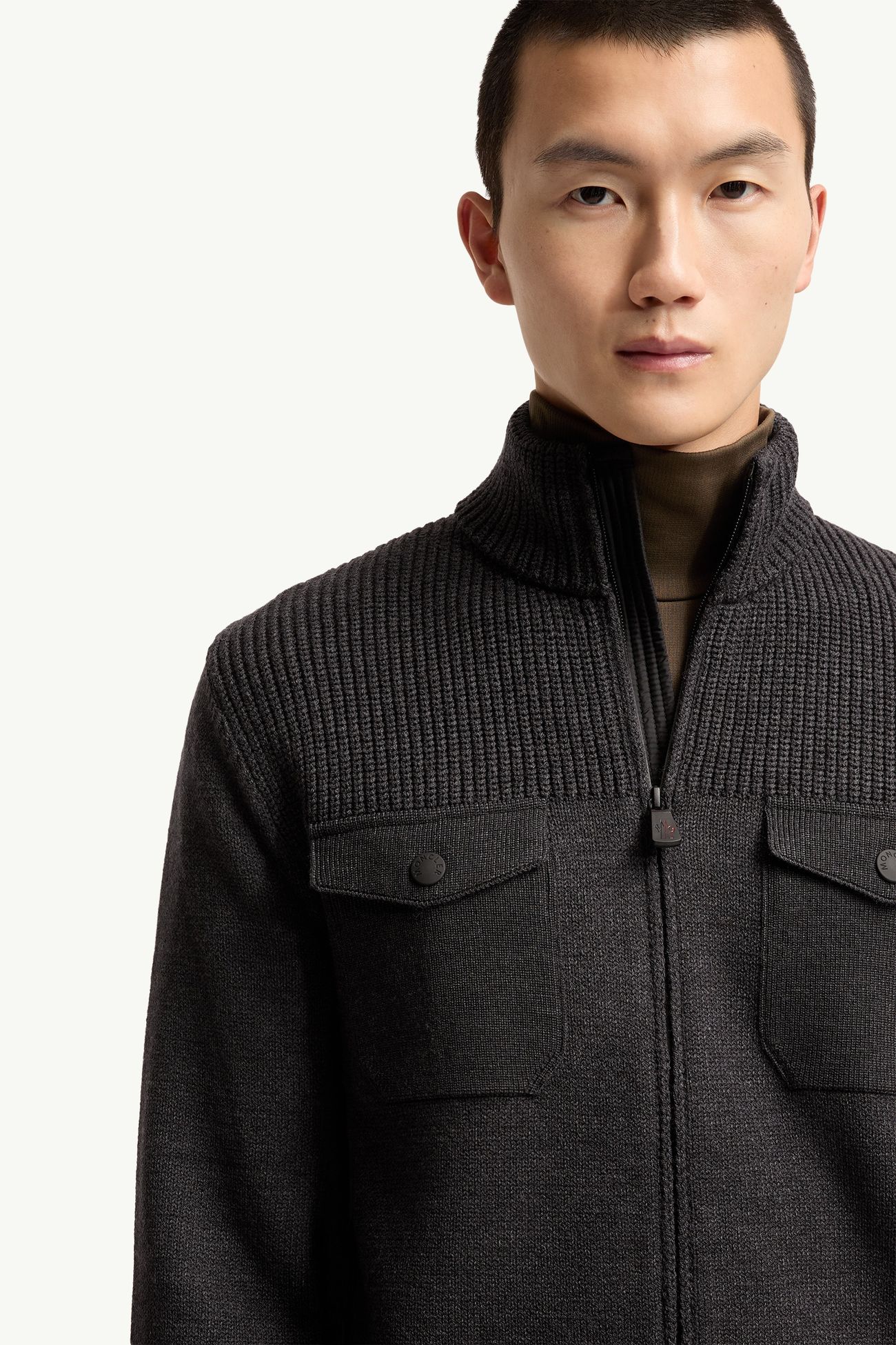 羊毛混紡樽領拉鏈開襟毛衣 男士 深灰色 Moncler 6