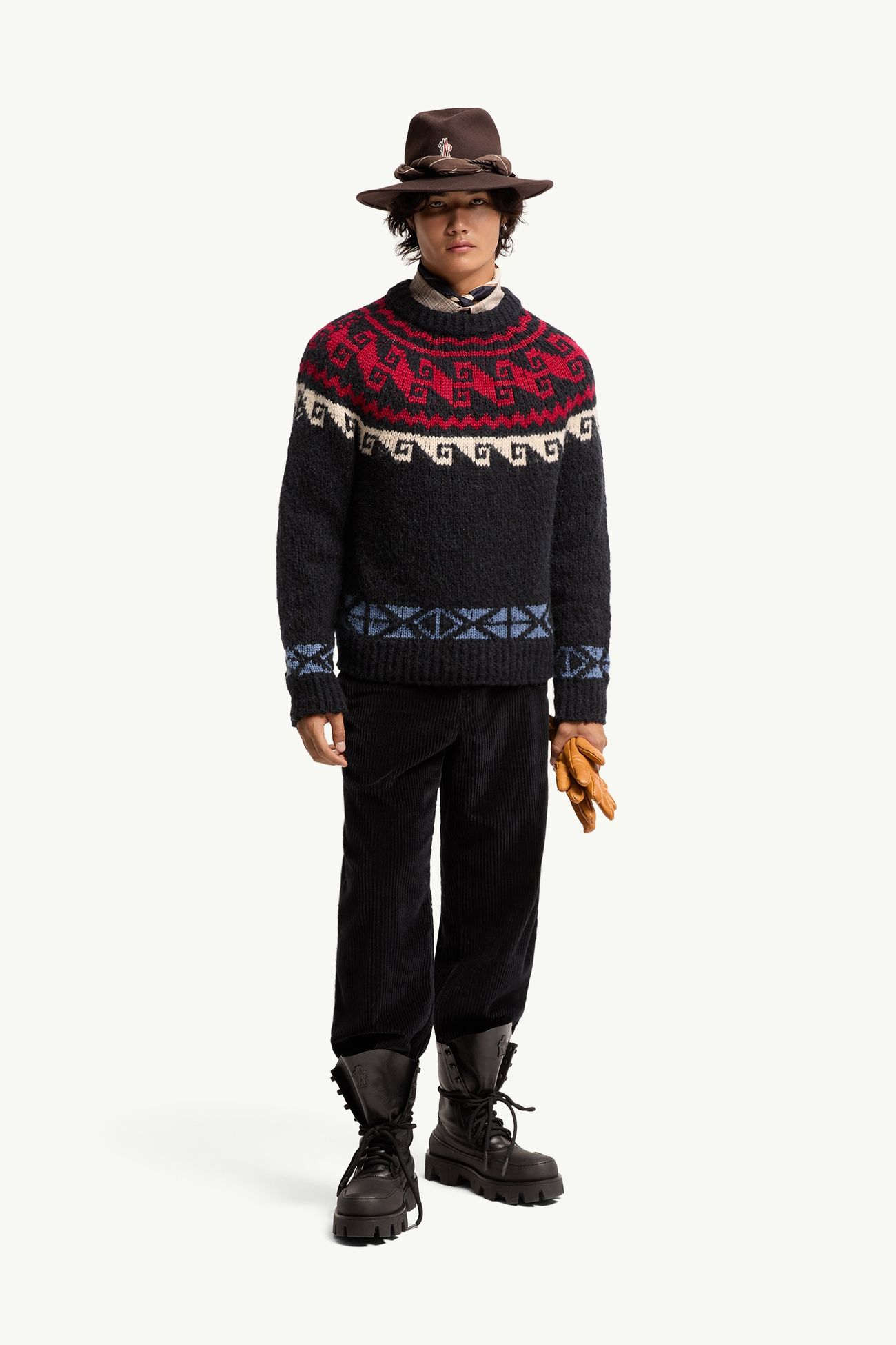 男士几何提花羊毛和羊驼毛混纺毛衣 男士 蓝色 & 红色 Moncler 0