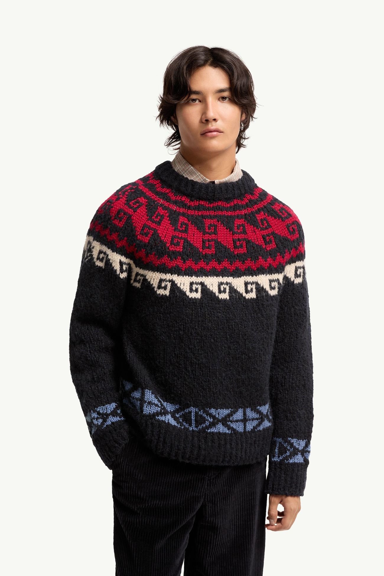 男士几何提花羊毛和羊驼毛混纺毛衣 男士 蓝色 & 红色 Moncler 3