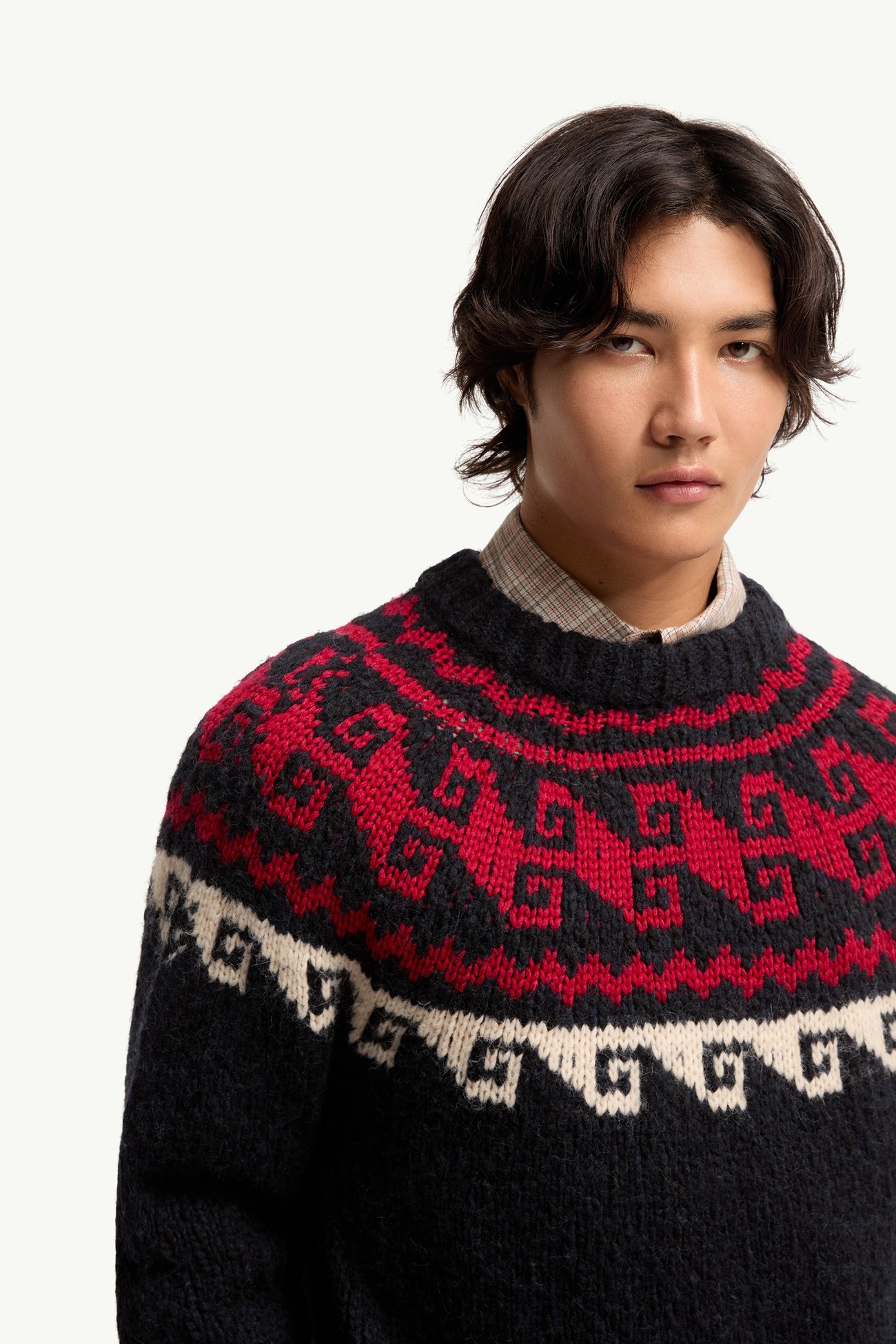 Maglione in Misto Lana e Alpaca Jacquard Geometrico Uomo Blu & Rosso Moncler 5