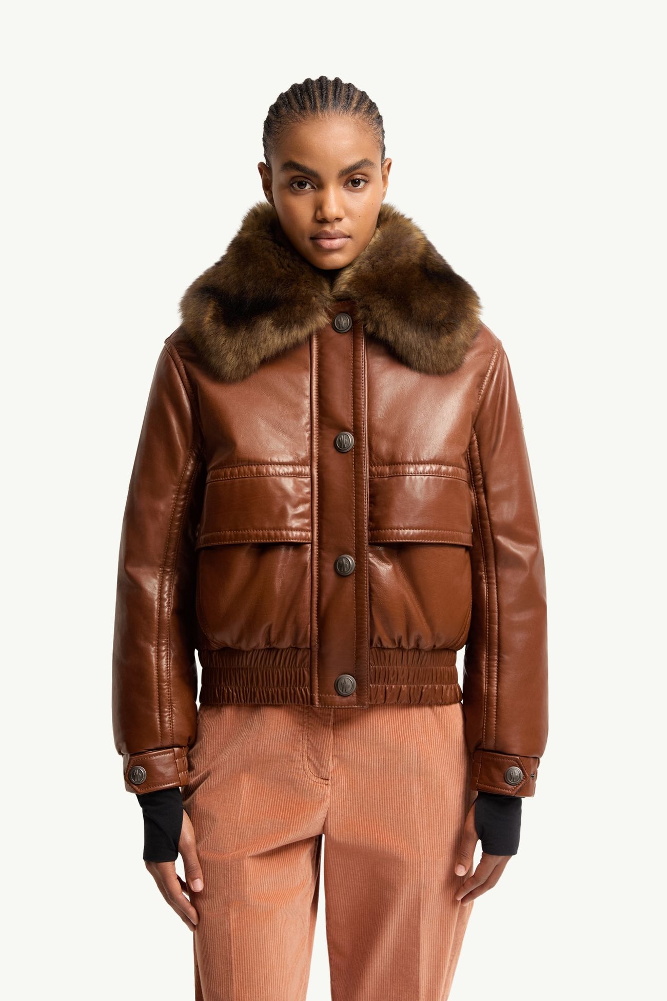 Issoire羔羊毛飾邊皮革夾層飛行員外套 女士 啡色 Moncler 3