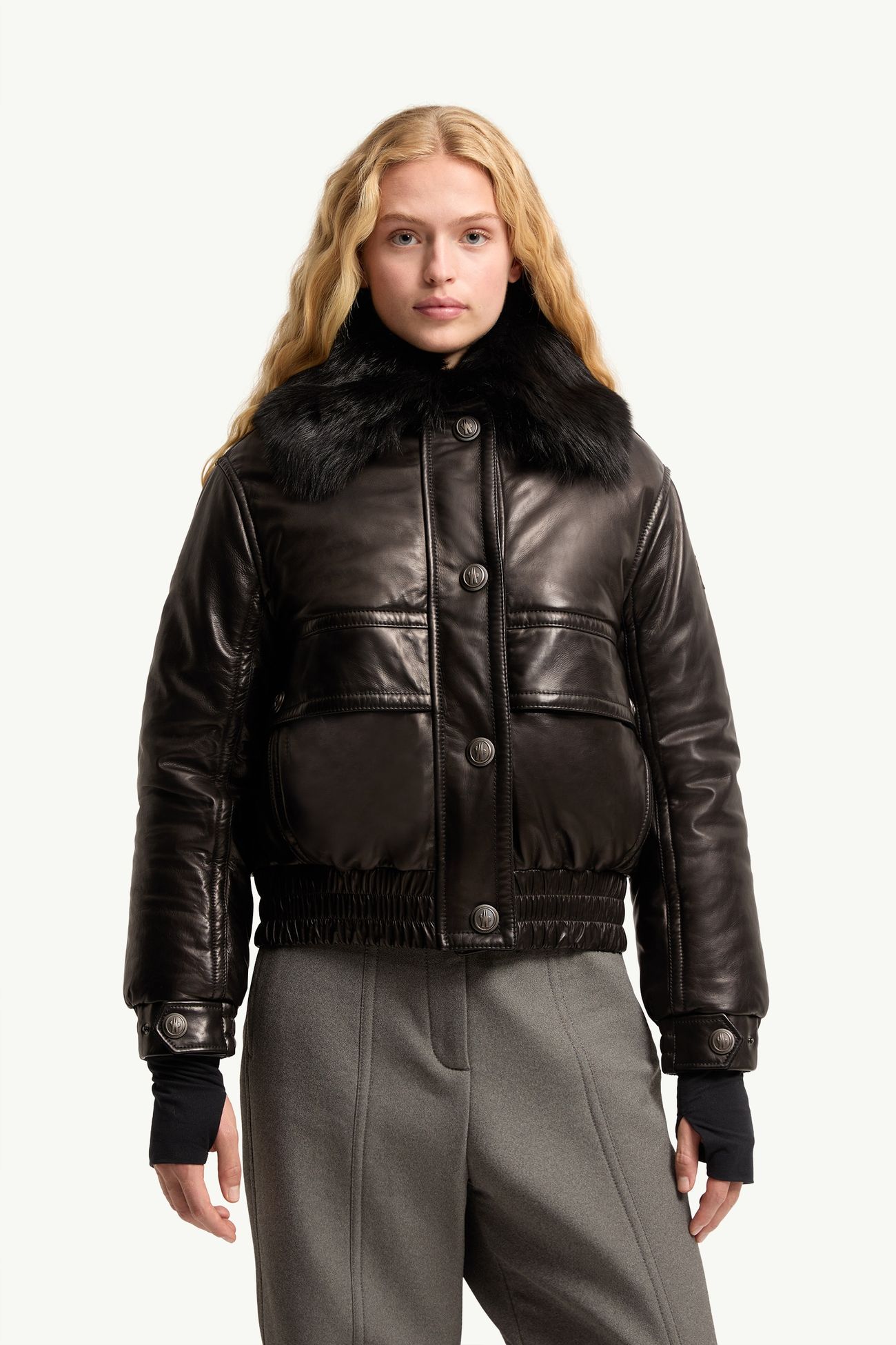Issoire Shearling-Trimmed Leather Padded Bomber Jacket Women Black Moncler 3