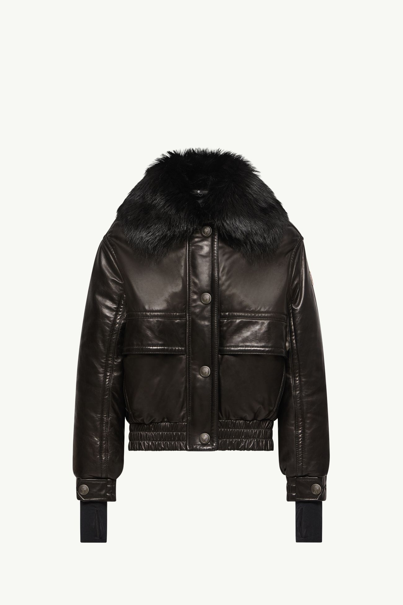Cazadora acolchada de piel con ribetes de lana de oveja joven Issoire Mujer Negro Moncler 2
