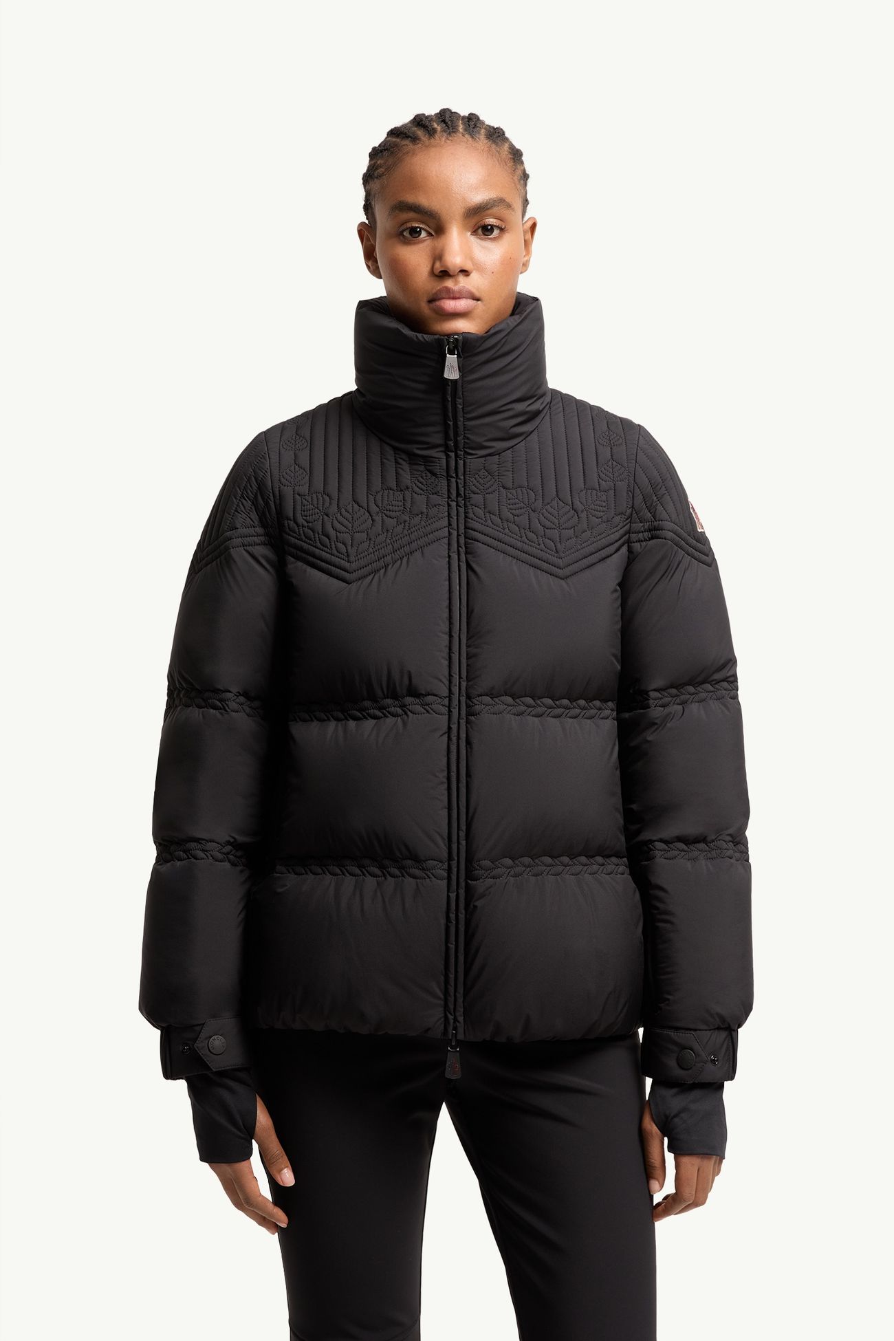 Anglins 나뭇잎 자수 후드 단열 스키 재킷 여성 블랙 Moncler 3