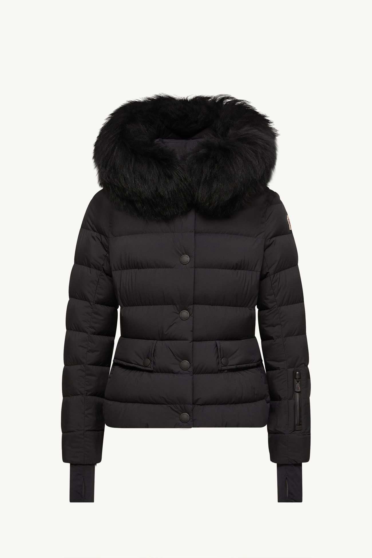 Plumífero de esquí con ribete de lana de oveja y capucha Armoniques Mujer Negro Moncler 2