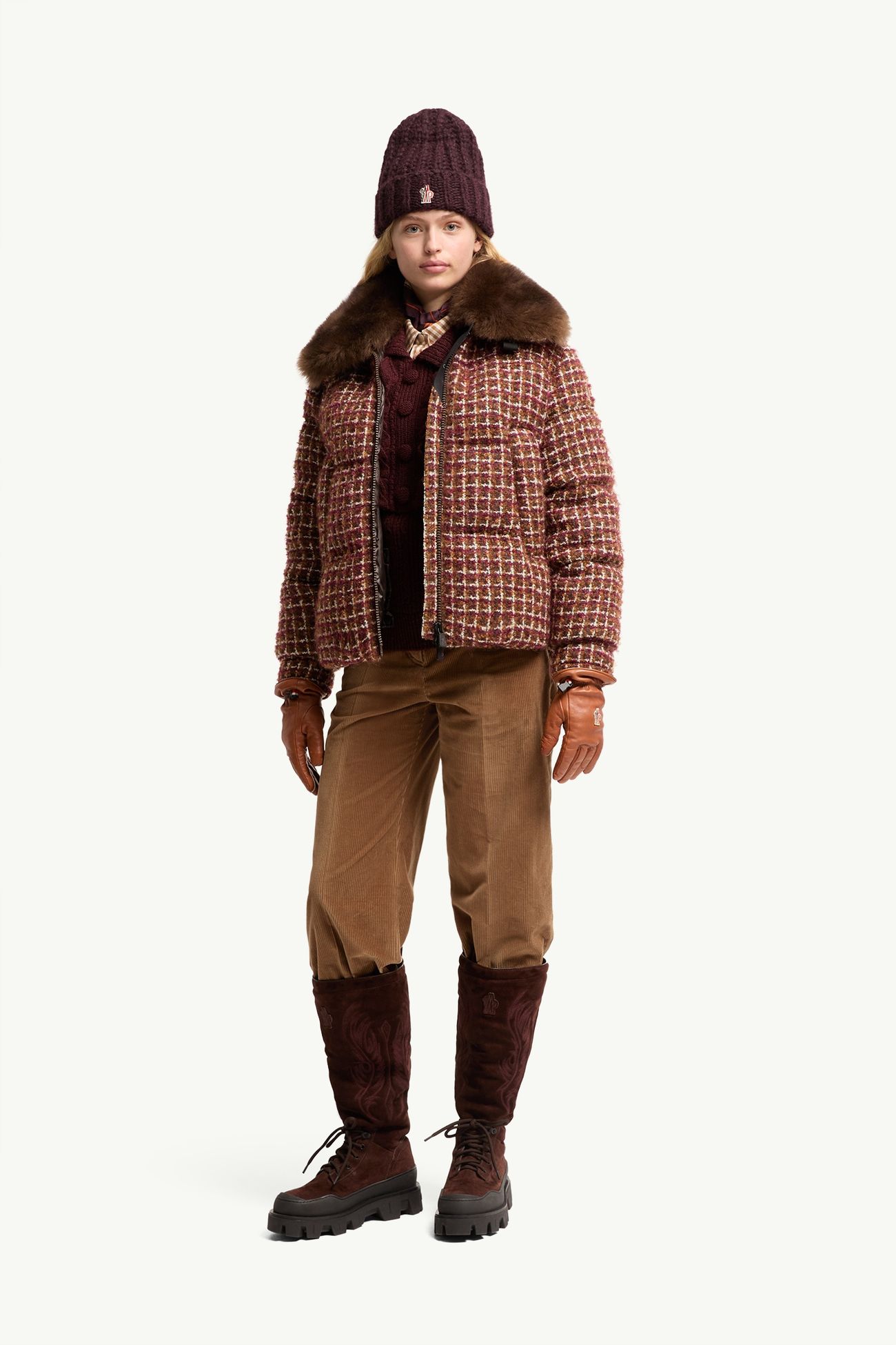 Piumino corto Sandane in tweed Donna Marrone Moncler 0