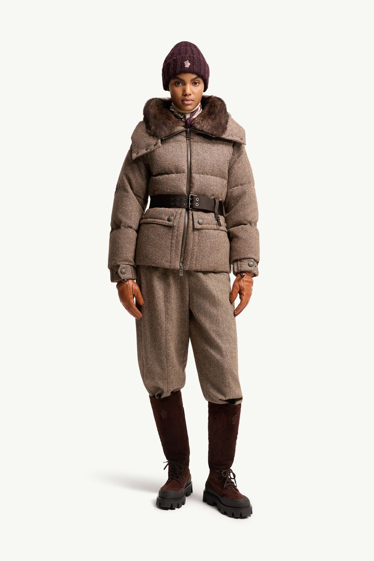 Plumífero con cinturón y ribetes de lana de oveja joven Gelise Mujer Marrón Moncler 0