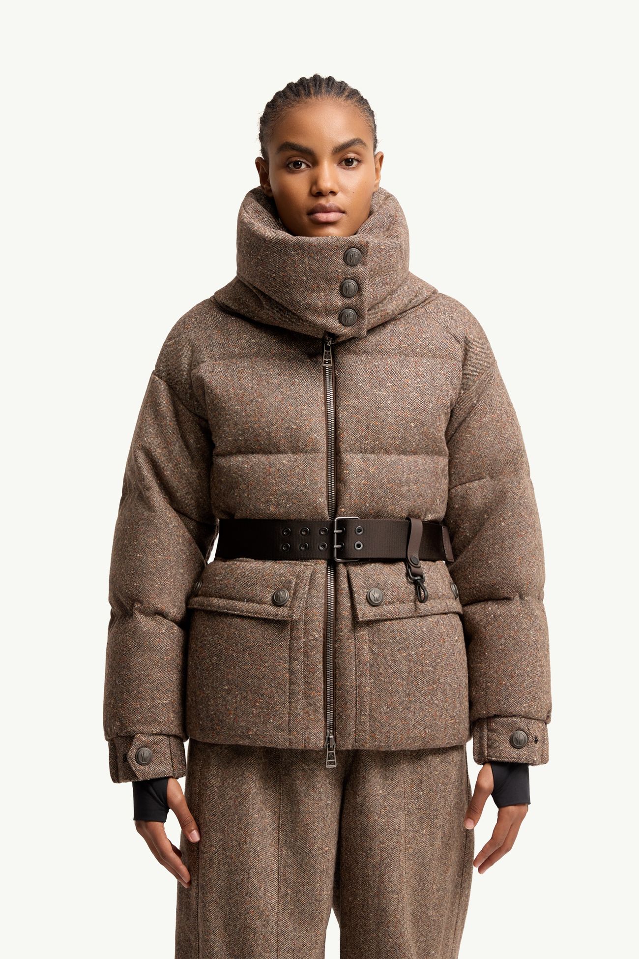 Gelise女士羊毛皮饰边腰带羽绒夹克外套 女士 棕色 Moncler 3