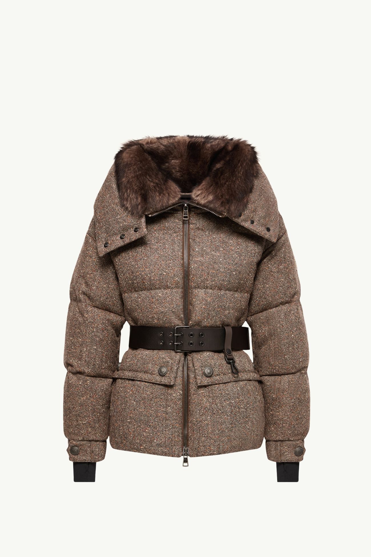 Gelise女士羊毛皮饰边腰带羽绒夹克外套 女士 棕色 Moncler 2