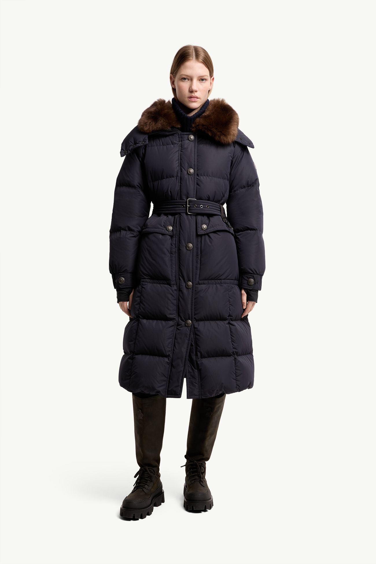 Gelisette Shearling-Trimmed Long Down Jacket Women Dark Blue Moncler 3