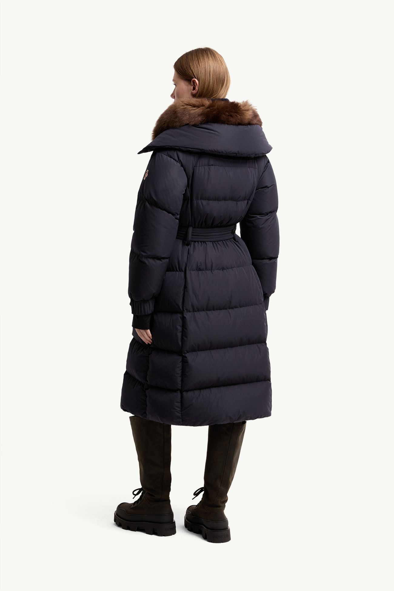 Gelisette Shearling-Trimmed Long Down Jacket Women Dark Blue Moncler 4