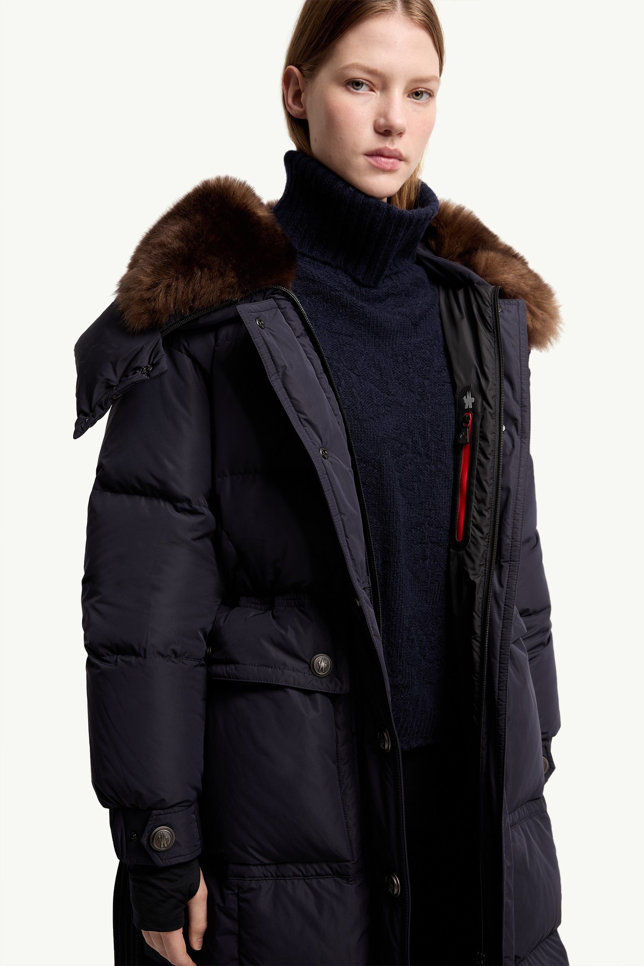 Gelisette Shearling-Trimmed Long Down Jacket Women Dark Blue Moncler 5