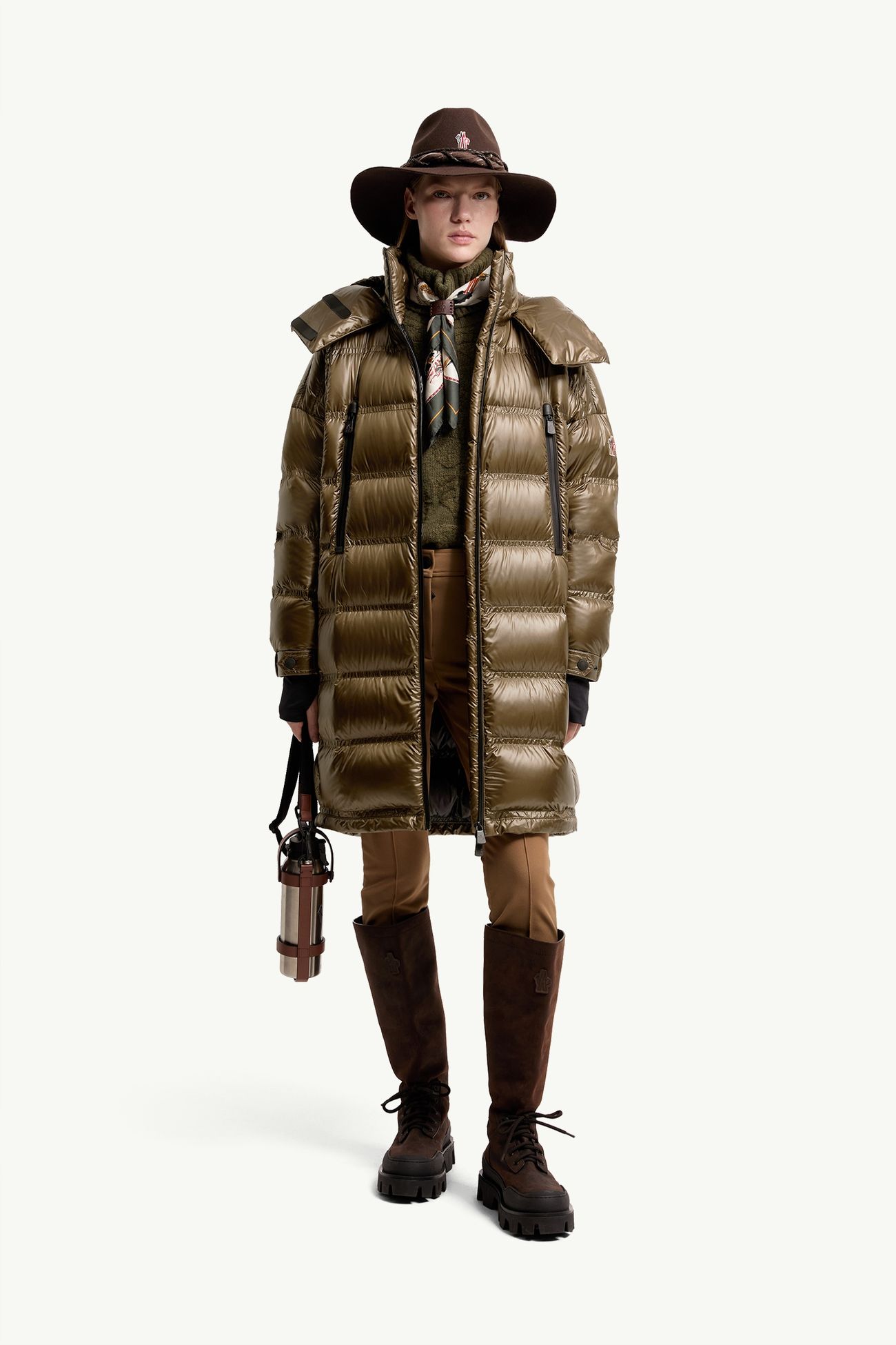 Piumino lungo Rochelairs con cappuccio Donna Verde Oliva Moncler 0