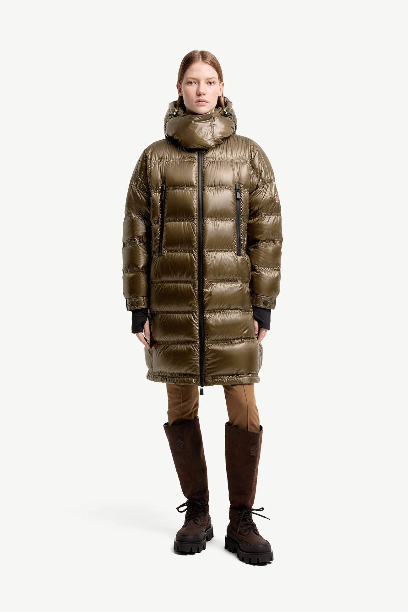 Rochelairs Hooded Long Down Jacket Women Olive Green Moncler 3