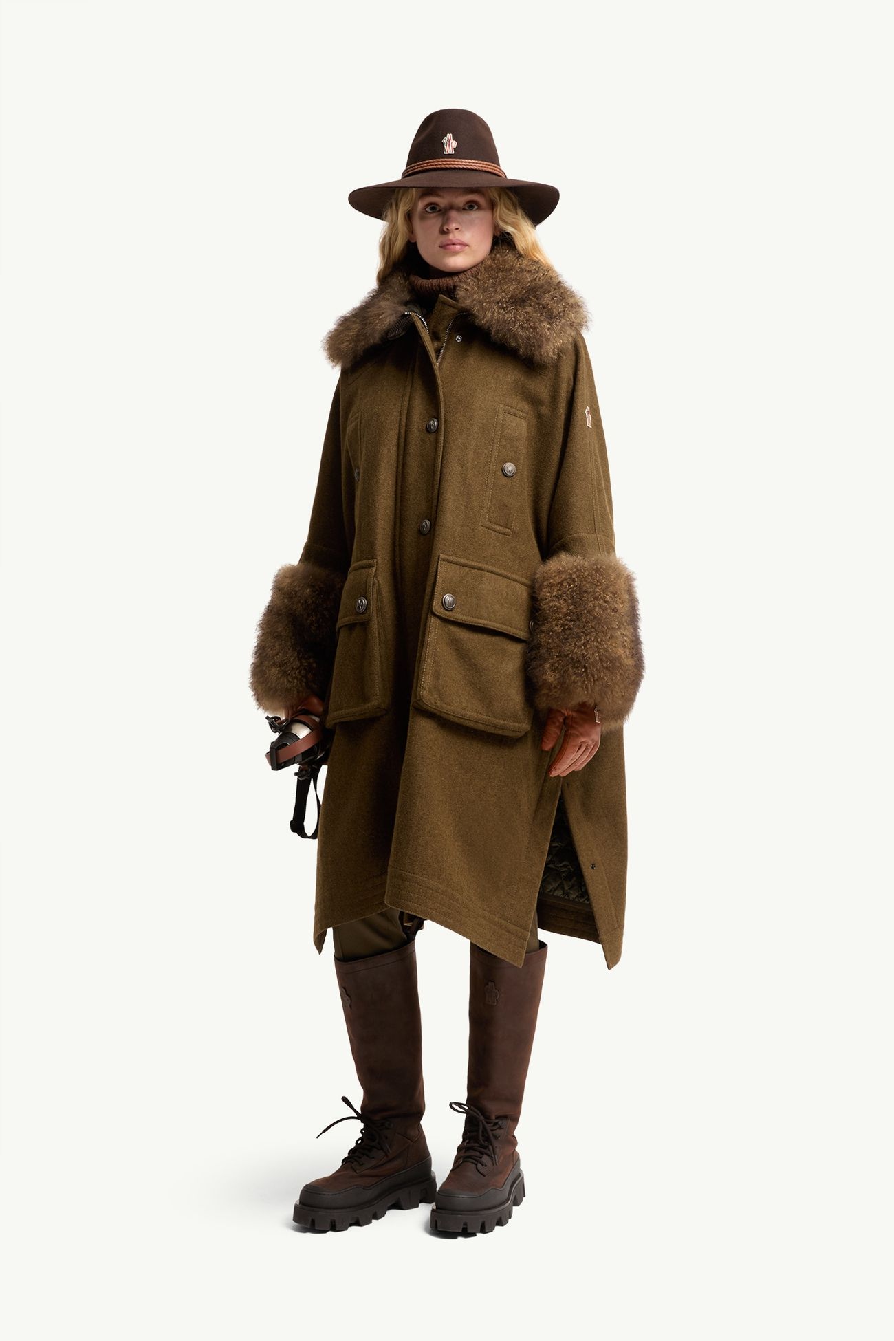 Mantreau羔羊毛飾邊羅登呢斗篷 女士 啡色 Moncler 0