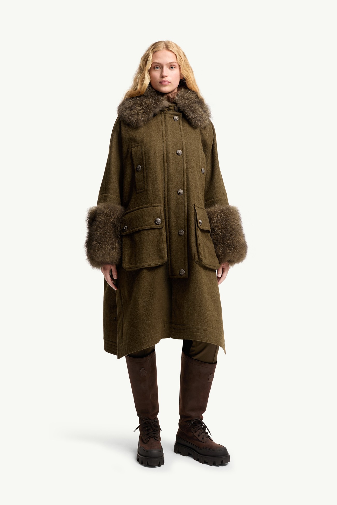Mantreau Shearling-Trimmed Loden Cape Women Brown Moncler 3