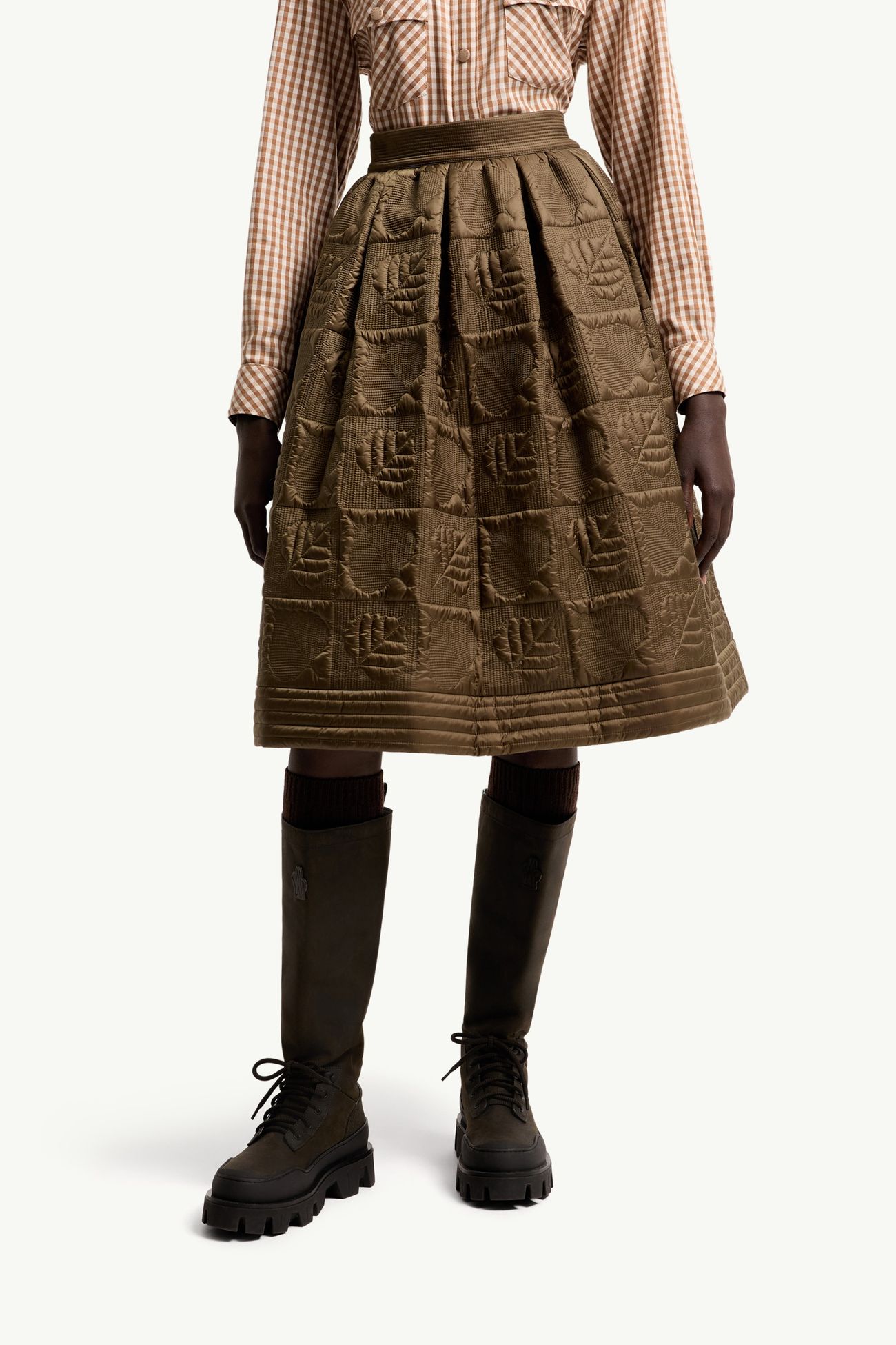 Leaf-Quilted Padded A-Line Skirt Women Olive Brown Moncler 3