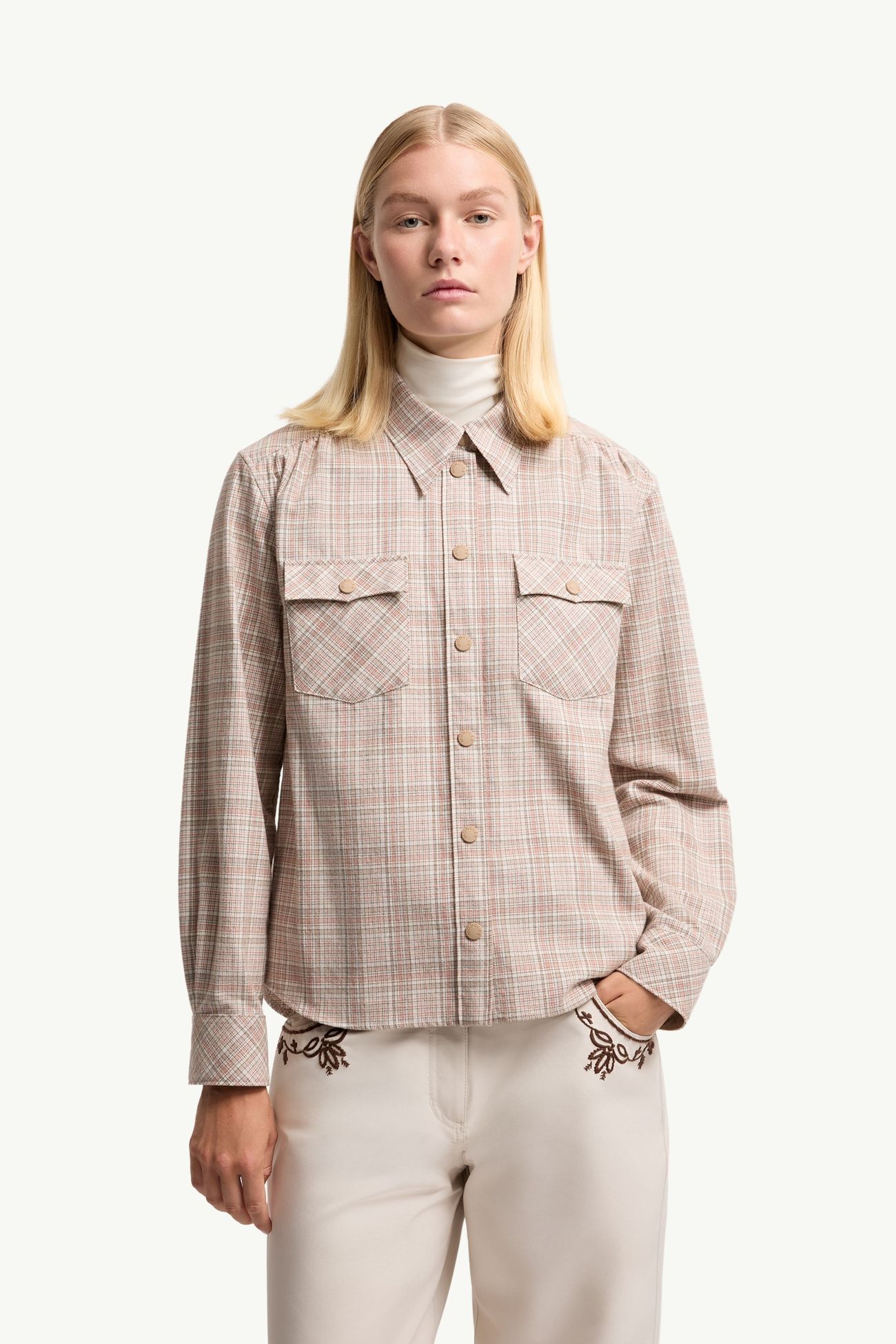 Check Cotton Blend Long Sleeve Shirt Women White & Pink Moncler 3