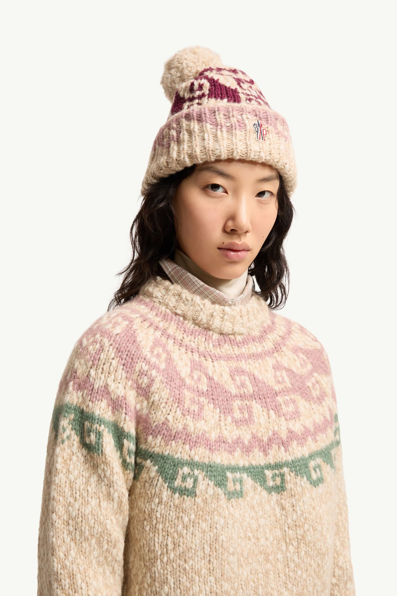 Alpaca & Wool Blend Beanie with Pom Pom Women Beige & Burgundy Moncler 1