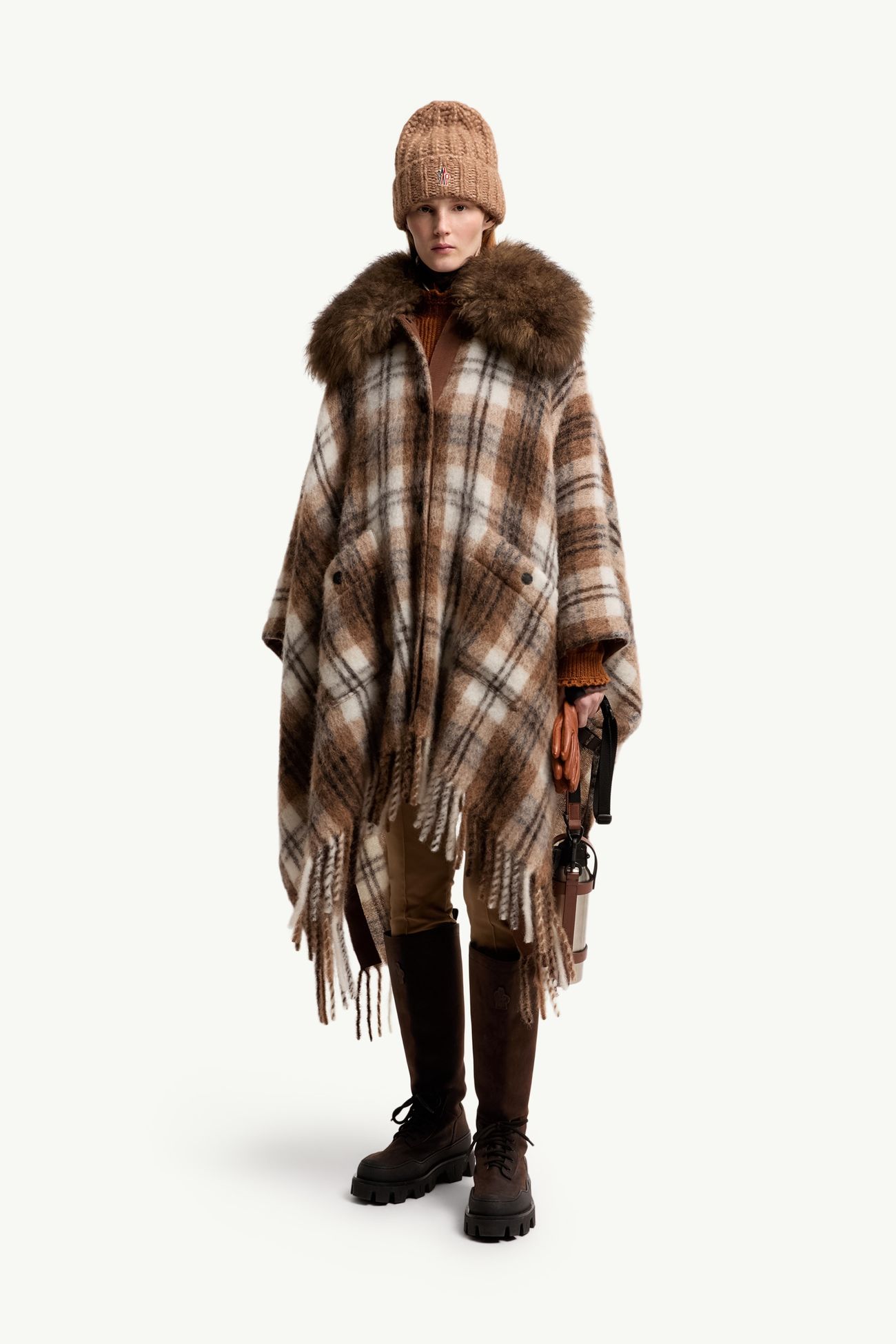Mantella in misto lana con collo in shearling, mohair e alpaca Donna Marrone & Bianco Moncler 0