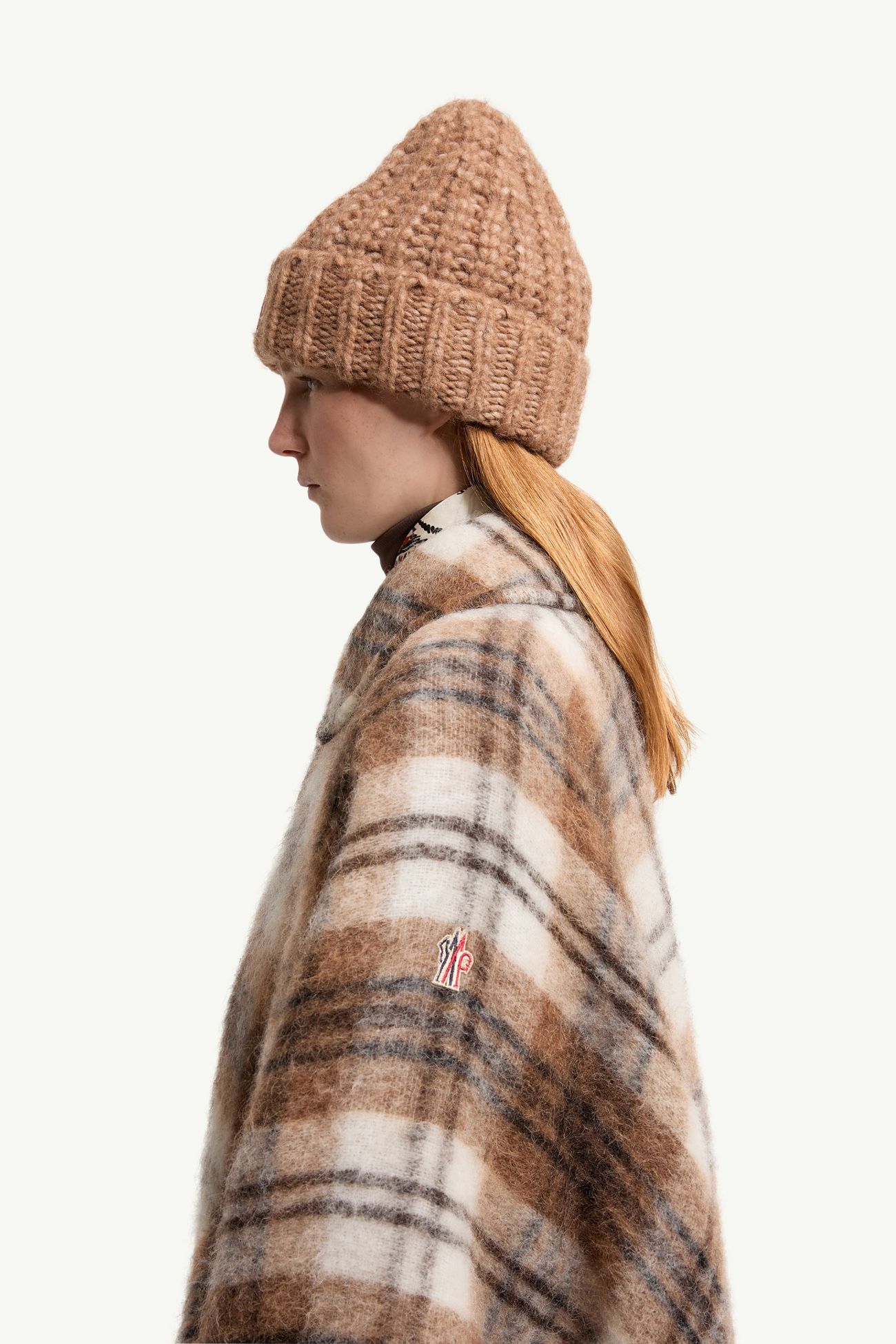 Capa de mezcla de mohair, alpaca y lana, cuello de lana de oveja joven Mujer Marrón y Blanco Moncler 1