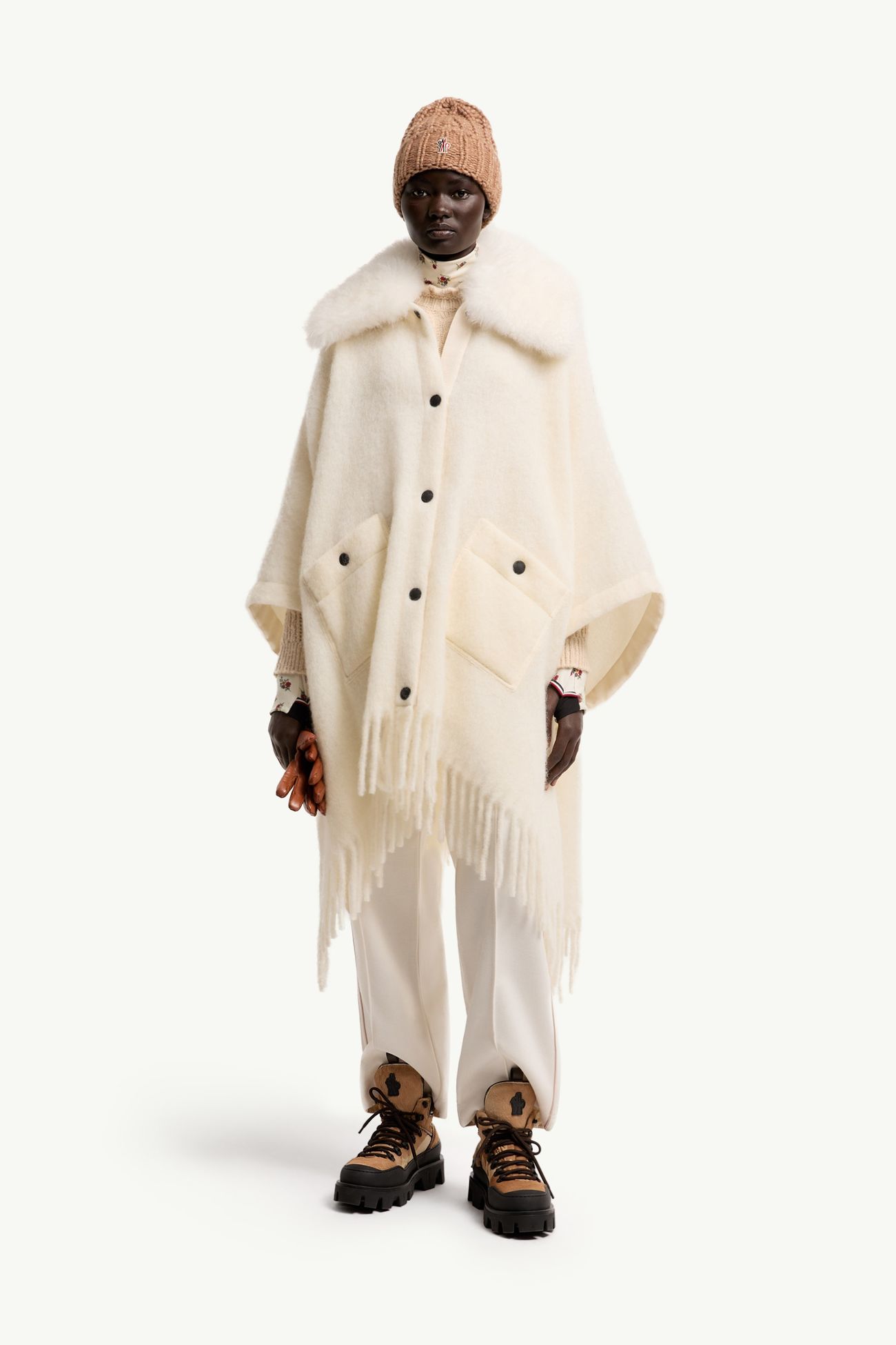 Shearling Collar Mohair, Alpaca & Wool Blend Cape Women White Ivory Moncler 0