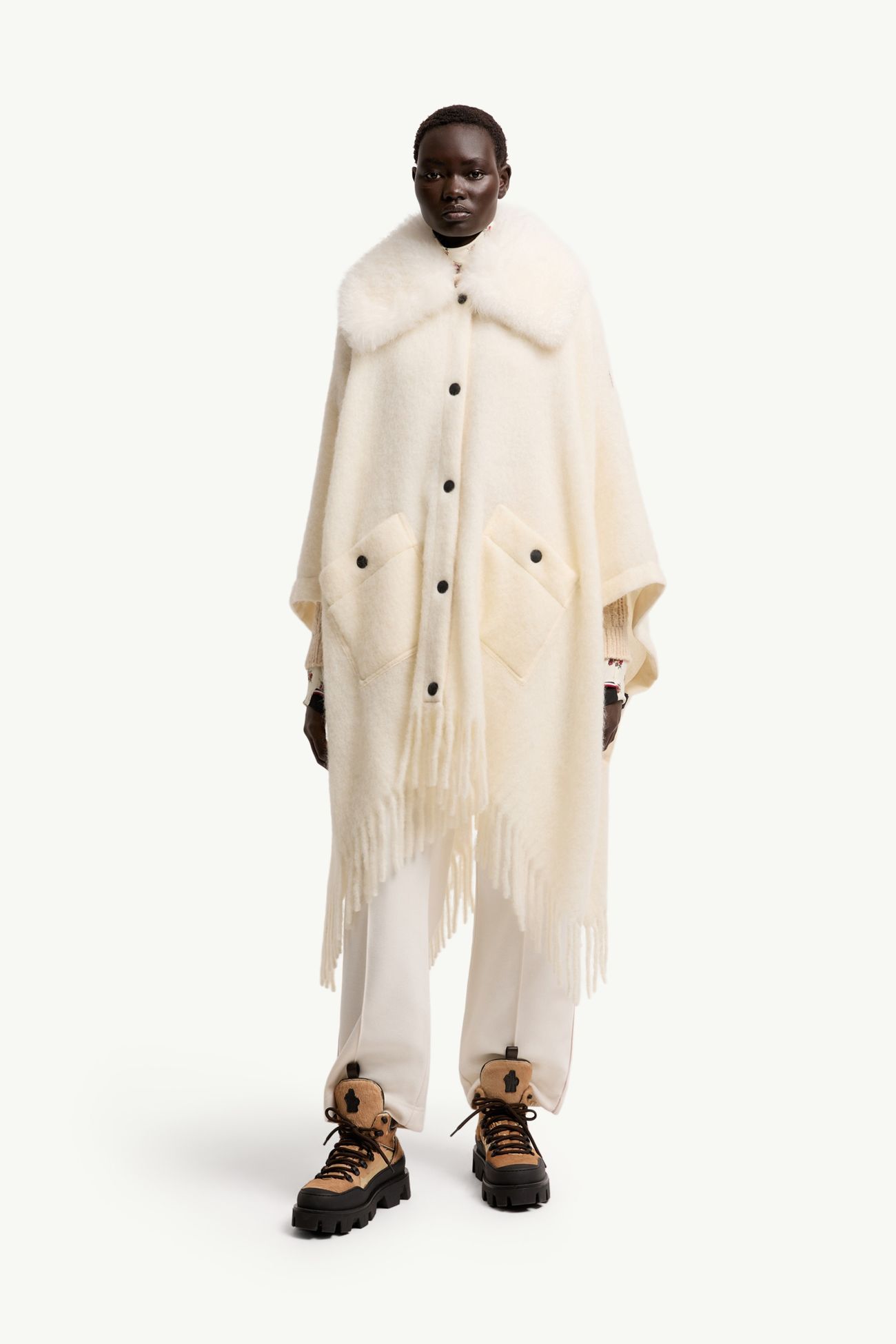 Cape aus einer Mohair-, Alpaka- und Wollmischung mit Lammfellkragen Damen Weiß-Elfenbein Moncler 3
